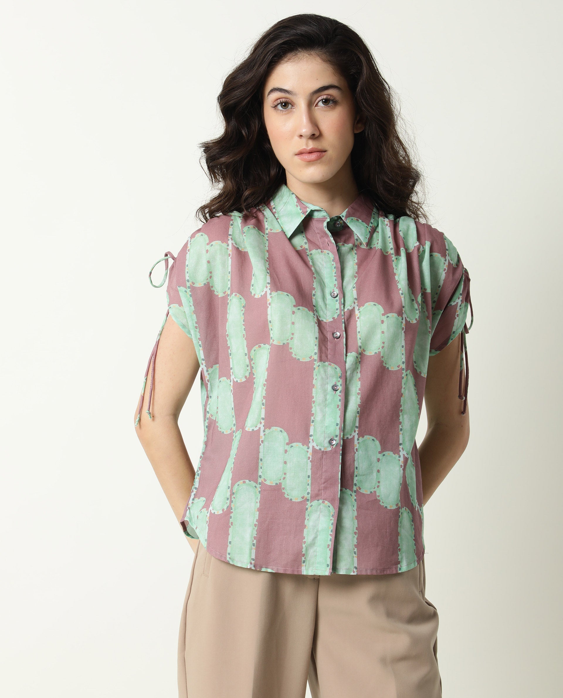 Rareism Womens Hudson Pink Top Cotton Fabric Regular Fit Extended Sleeves Collared Neck