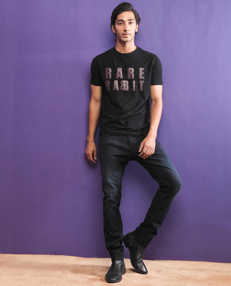 Rare Rabbit Mens Electricc Black Cotton Lycra Fabric Short Sleeves Crew Neck Slim Fit T-Shirt