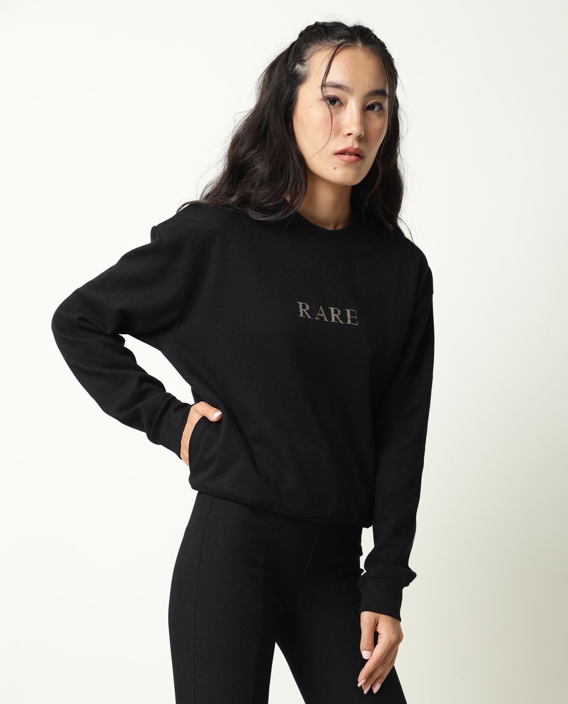 Rareism Womens Goldy Black Sweatshirt Crew Neck Full Sleeve Cotton Blend Fabric Relaxed Fit