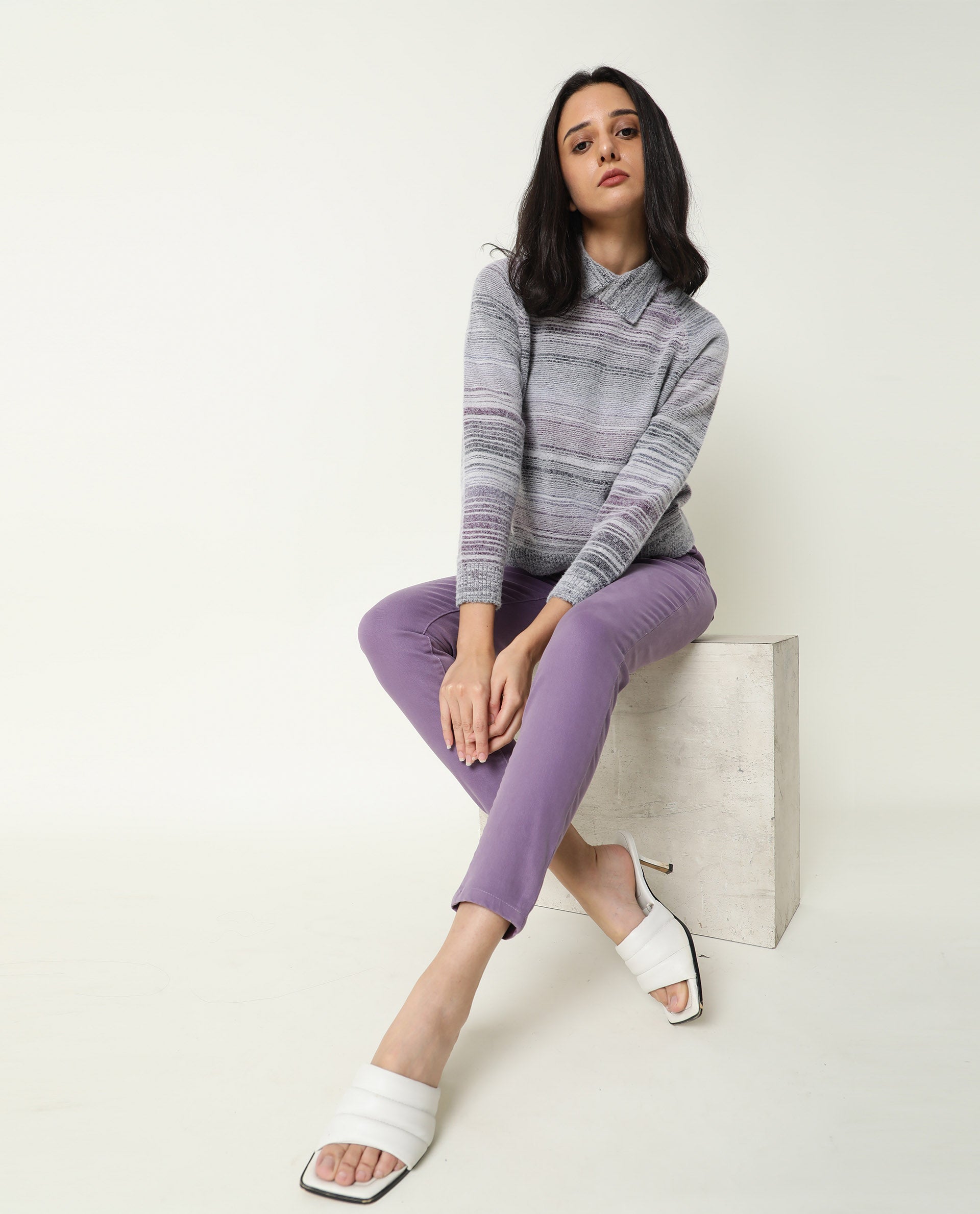 Rareism Women Rosalva Melange Grey Nylon Fabric Full Sleeves Knee Length Regular Fit Ombre High Neck Sweater