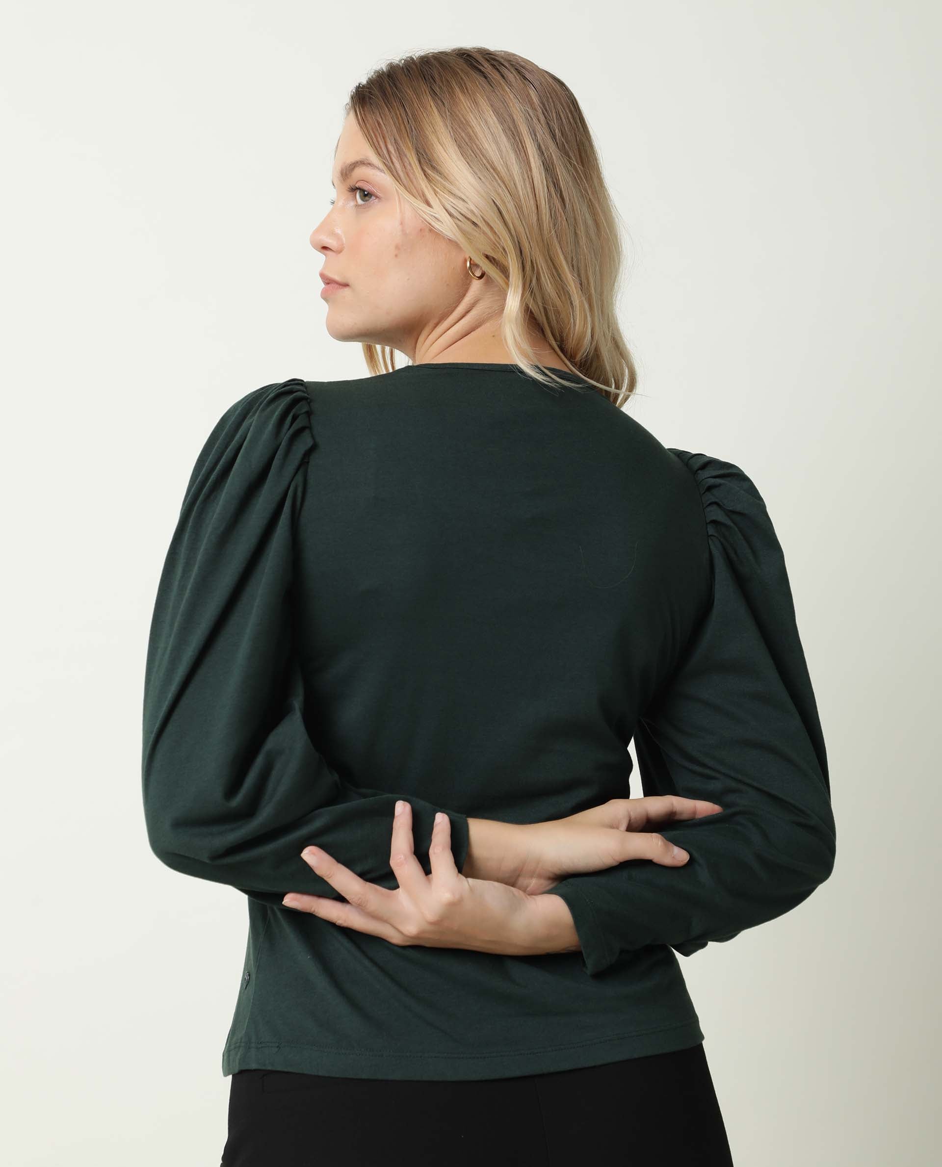 Rareism Women Ballerina Dark Green Cotton Fabric Regular Fit Knee Length Boat Neck 3/4Th Sleeves Solid Top