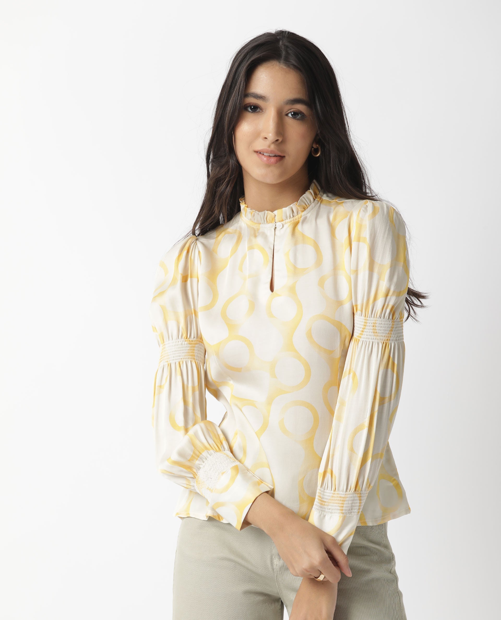 Rareism Women Emm Off White Modal Satin Fabric Slim Fit Ruffled Neck Full Sleeves Print Top