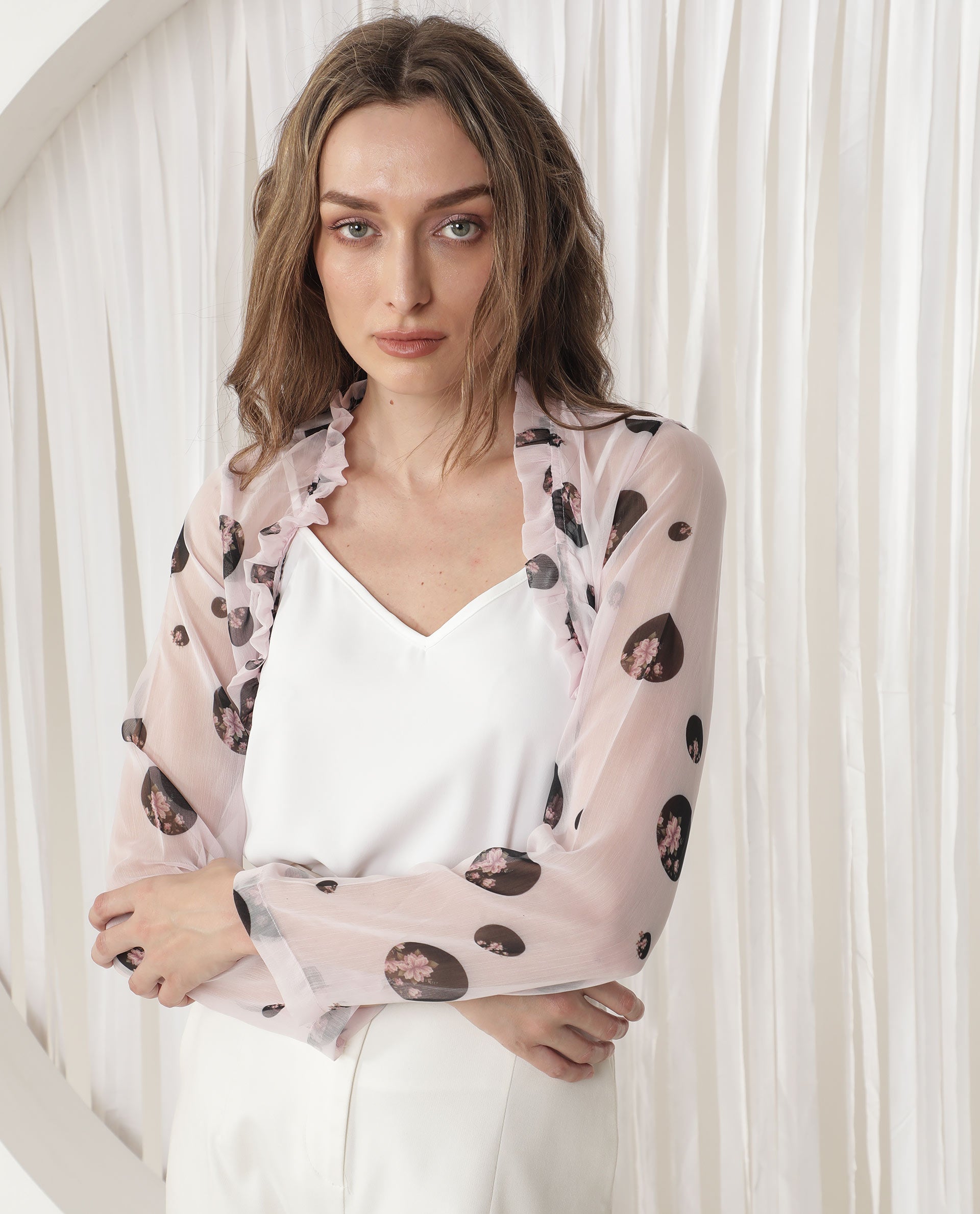 Rareism Women Fern Light Pink Polyester Fabric Full Sleeves Regular Fit Floral Print Shrug