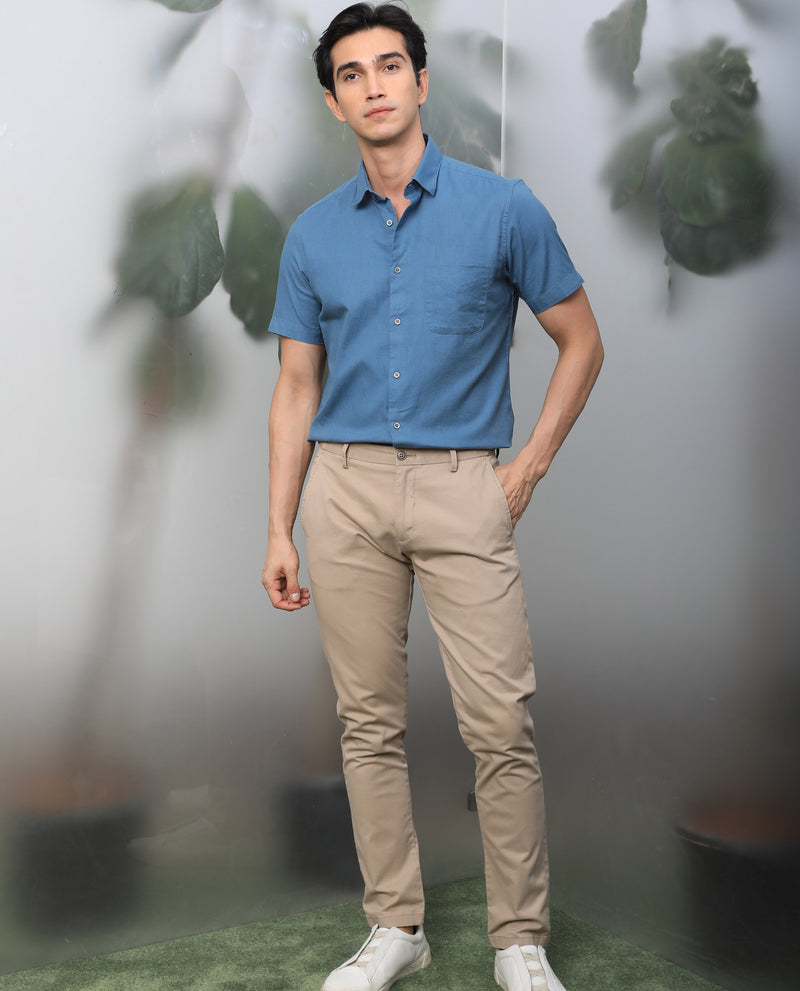 Rare Rabbit Mens Darwin Blue Cotton Fabric Short Sleeves Regular Fit Solid Shirt