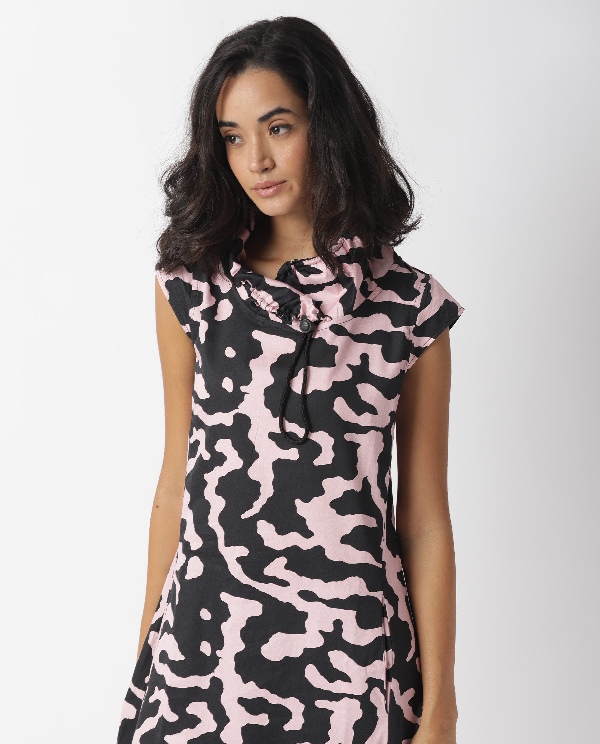 Rareism Womens Santro Black Dress Cotton Satin Fabric Regular Fit Short Sleeve High Neck