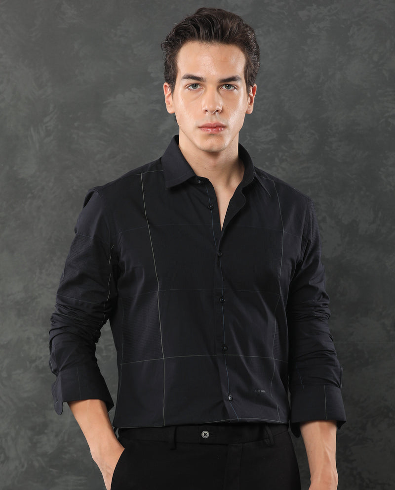 Rare Rabbit Men's Regin Black Cotton Fabric Full Sleeves Checks Shirt
