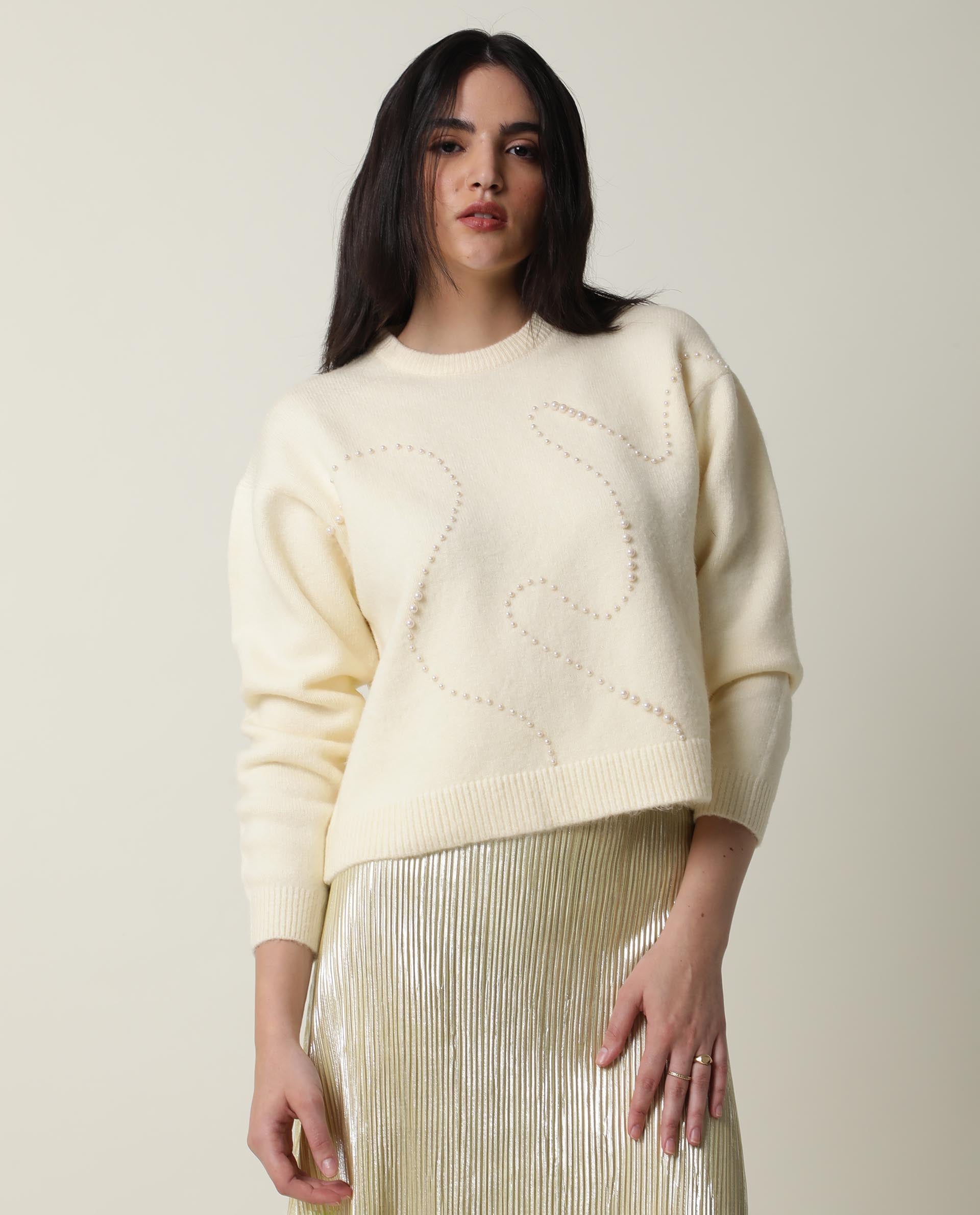 Rareism Women Tulsy Off White Acrylic Fabric Full Sleeves Knee Length Regular Fit Sequined Round Neck Sweater