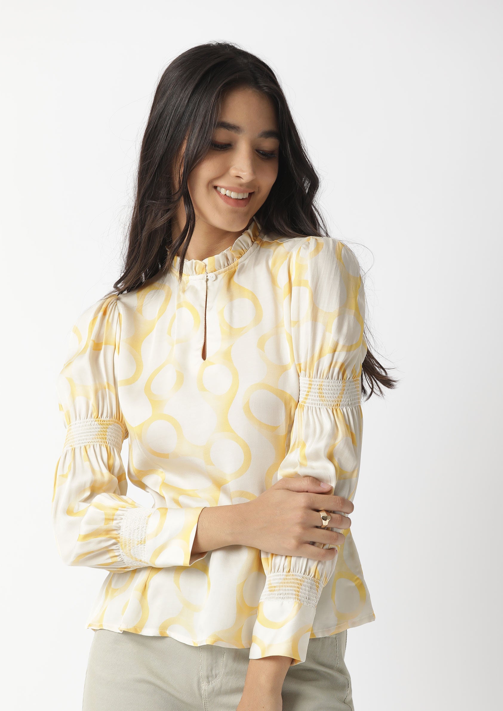 Rareism Women Emm Off White Modal Satin Fabric Slim Fit Ruffled Neck Full Sleeves Print Top