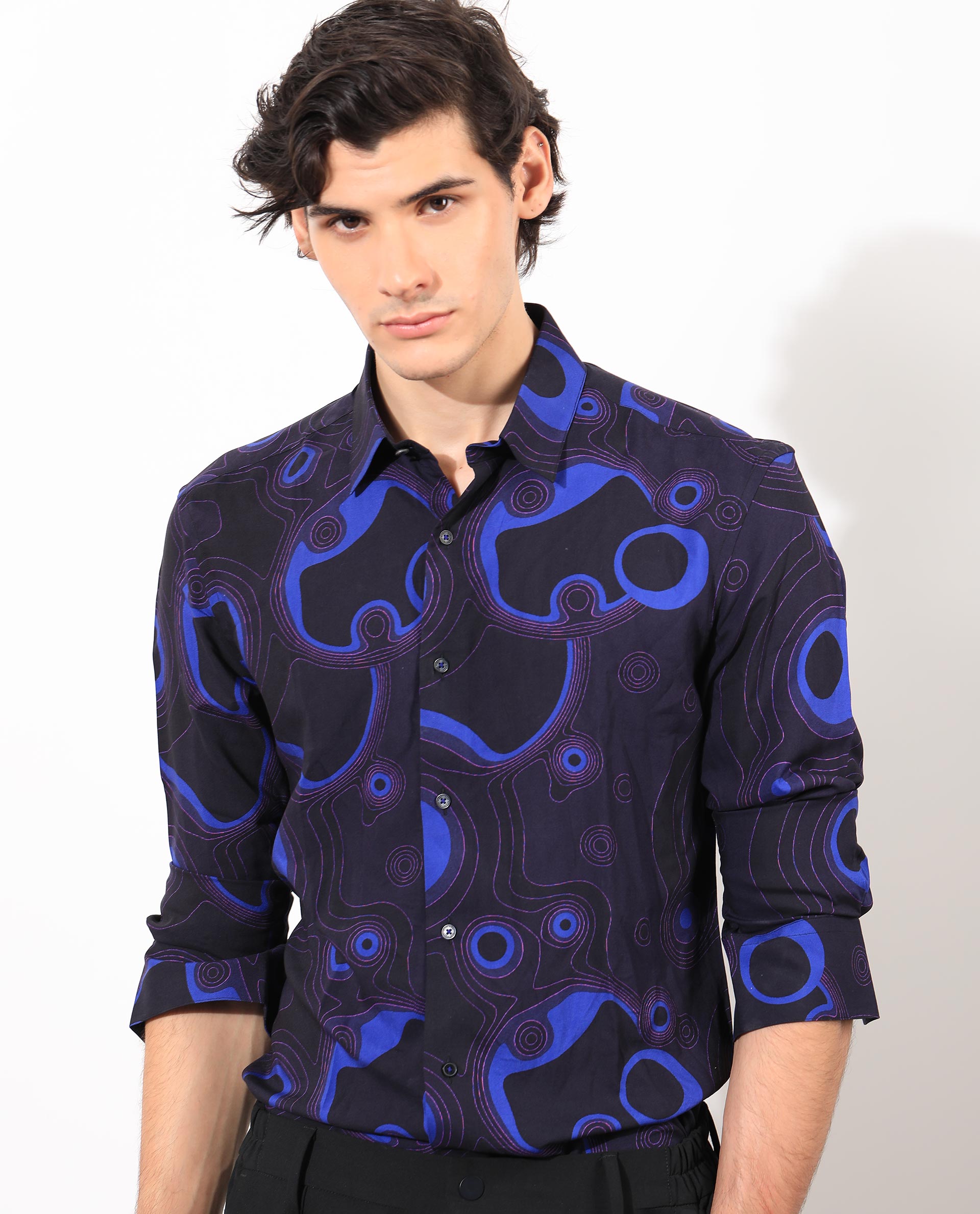 Rare Rabbit Men's Inlet Navy Viscose Fabric Abstract Print Full Sleeves Shirt