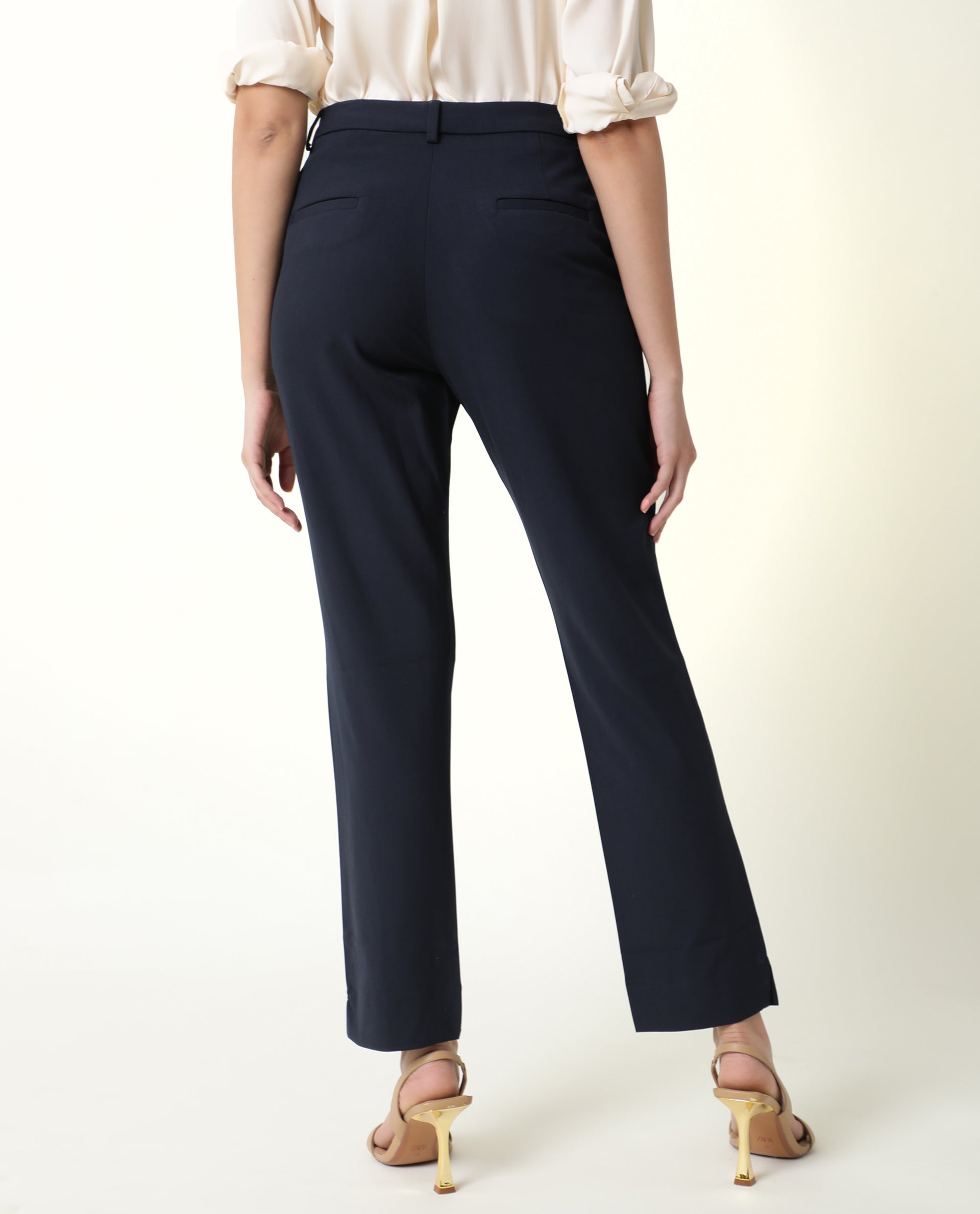 Rareism Women Yard Navy Poly Cotton Fabric Boot Cut Mid Rise Solid Ankle Length Trousers