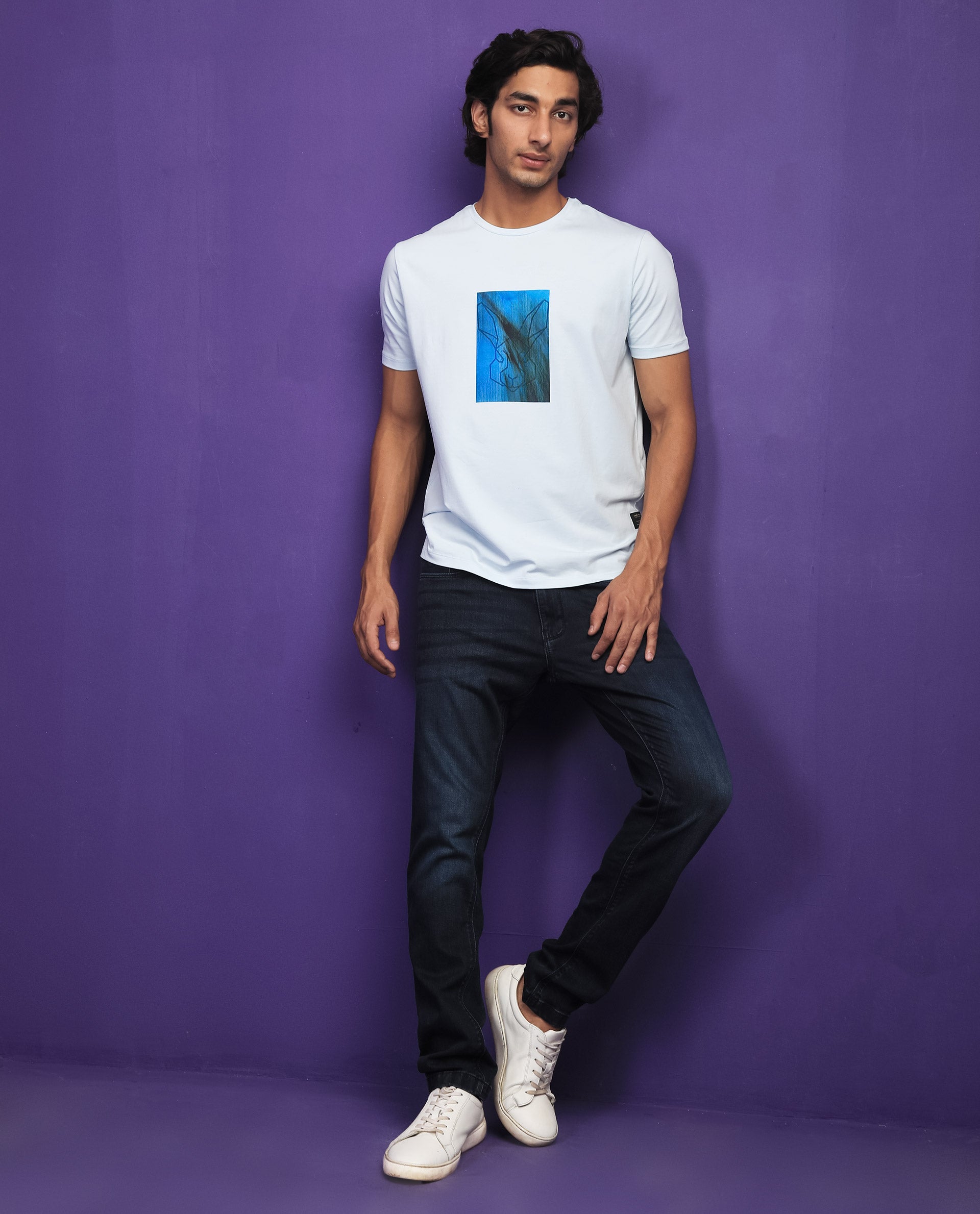 Rare Rabbit Men's Emine Light Blue Crew Neck Discharge Graphic Printed Half Sleeves Slim Fit T-Shirt