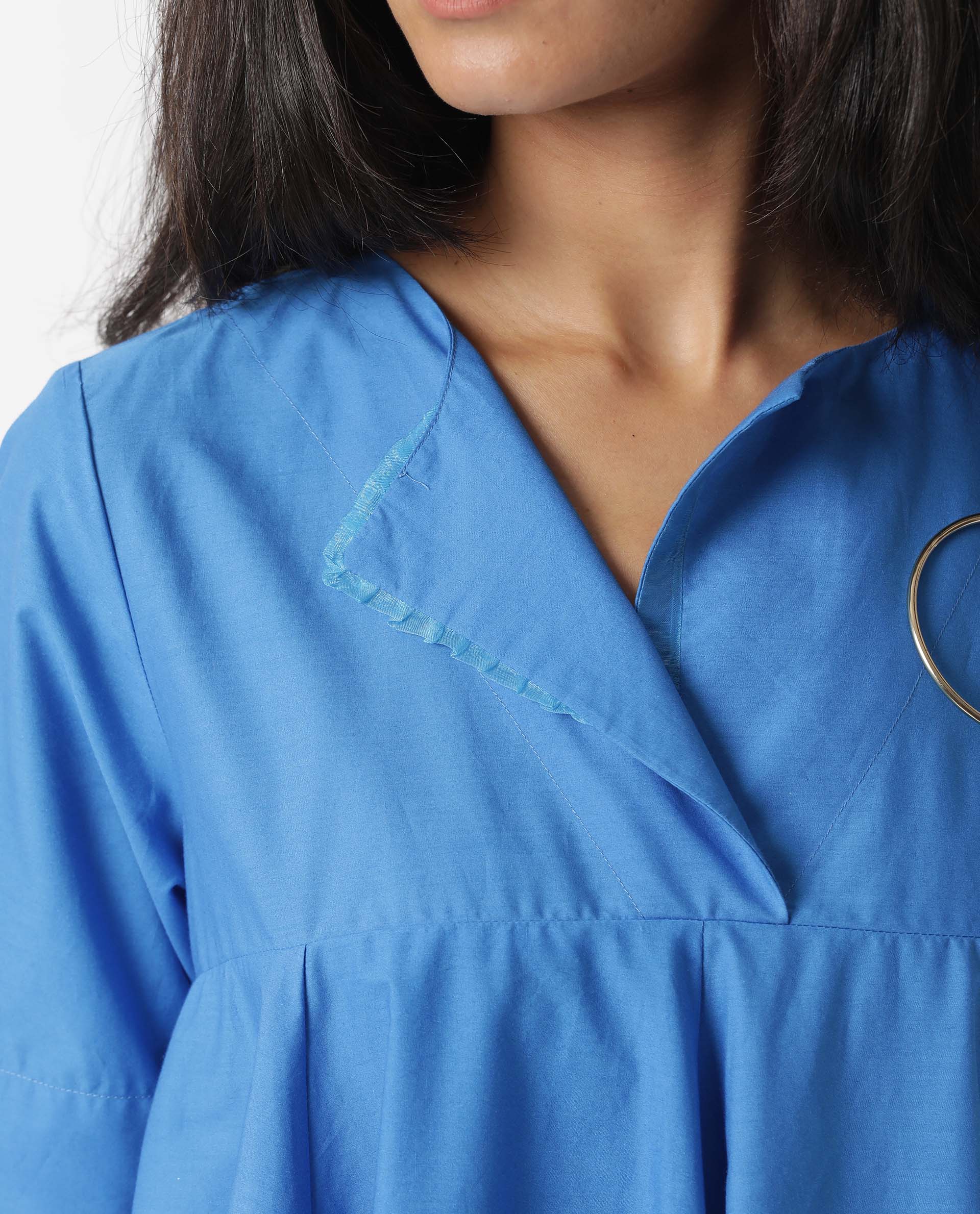 Rareism Women Array Dark Blue Overlap Lapel Collar Short Sleeves Flared Knee Length Dress