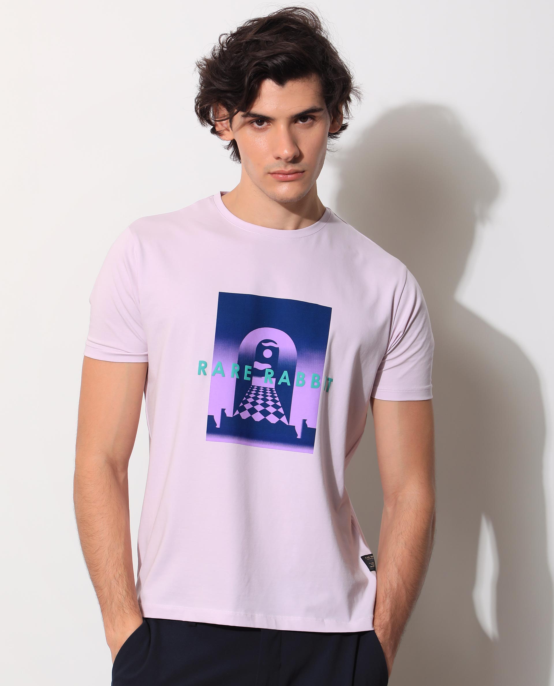 Rare Rabbit Men's Rives Pastel Purple Crew Neck Discharge and HD Print Branding Half Sleeves Slim Fit T-Shirt