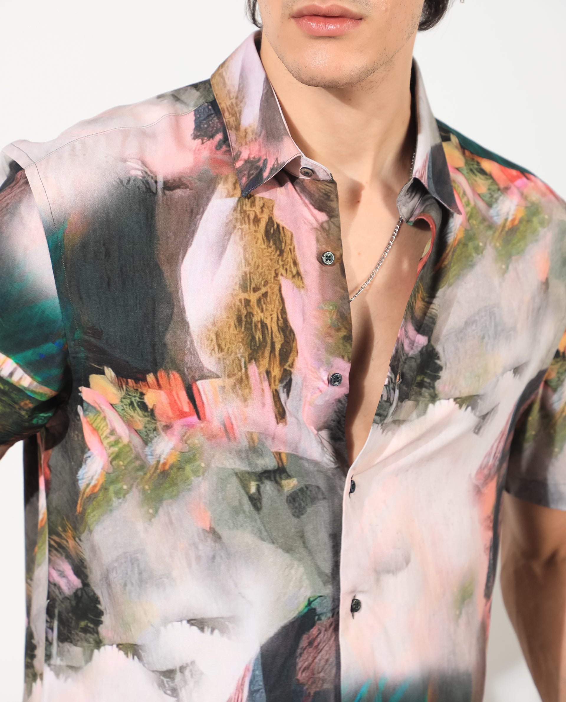 Rare Rabbit Men's Painter Green Viscose Fabric Half Sleeves Abstract Print Shirt