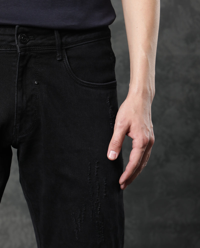 Rare Rabbit Men's Astra Black Rinse Wash Mid-Rise Slim Fit Jeans