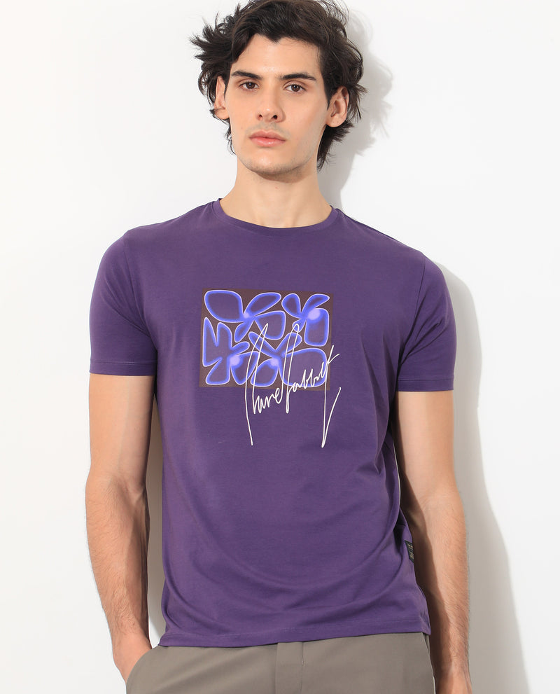 Rare Rabbit Men's Fulton Purple Crew Neck Abstract Graphic Print With Branding Half Sleeves Regular Fit T-Shirt