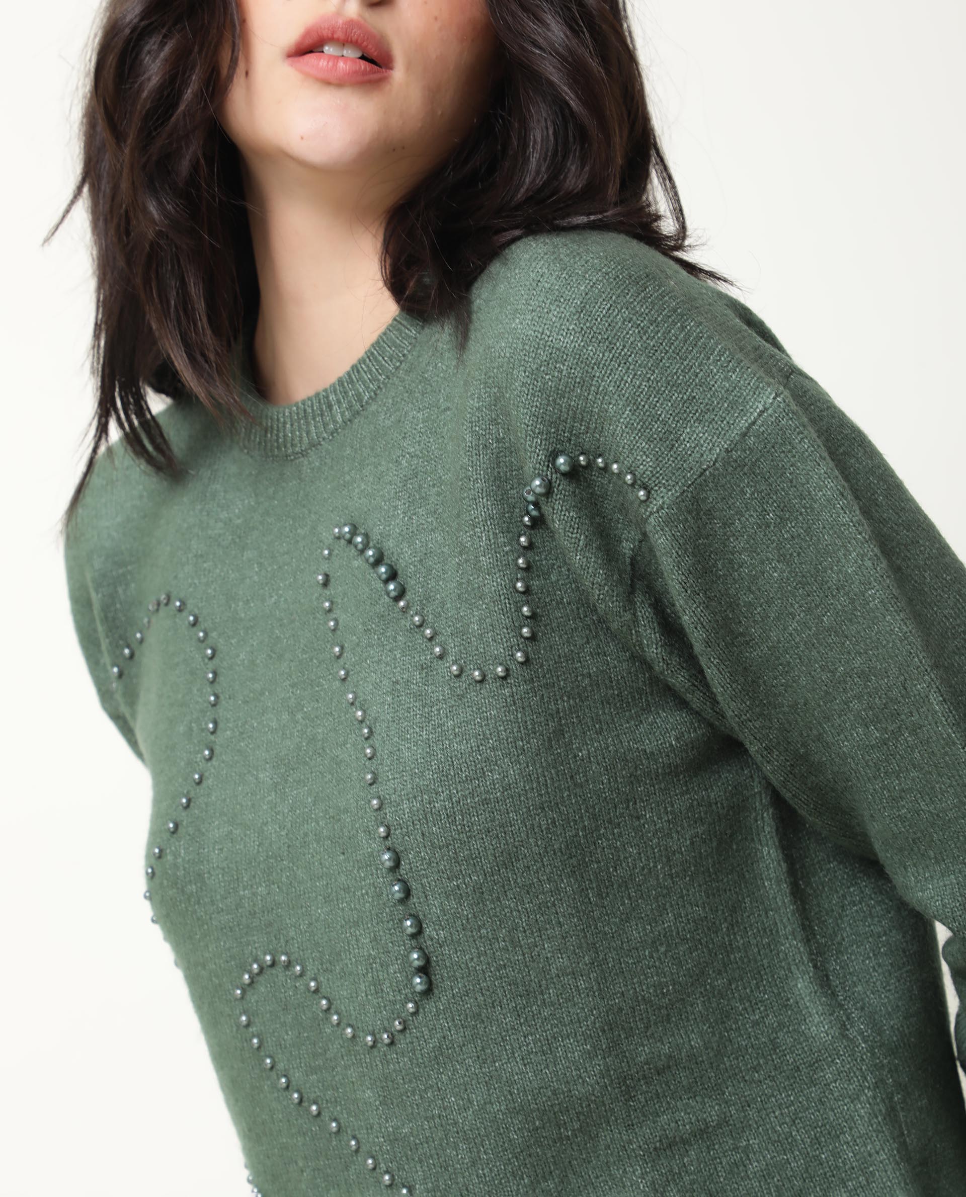 Rareism Women Tulsy Olive Acrylic Fabric Full Sleeves Knee Length Regular Fit Sequined Round Neck Sweater