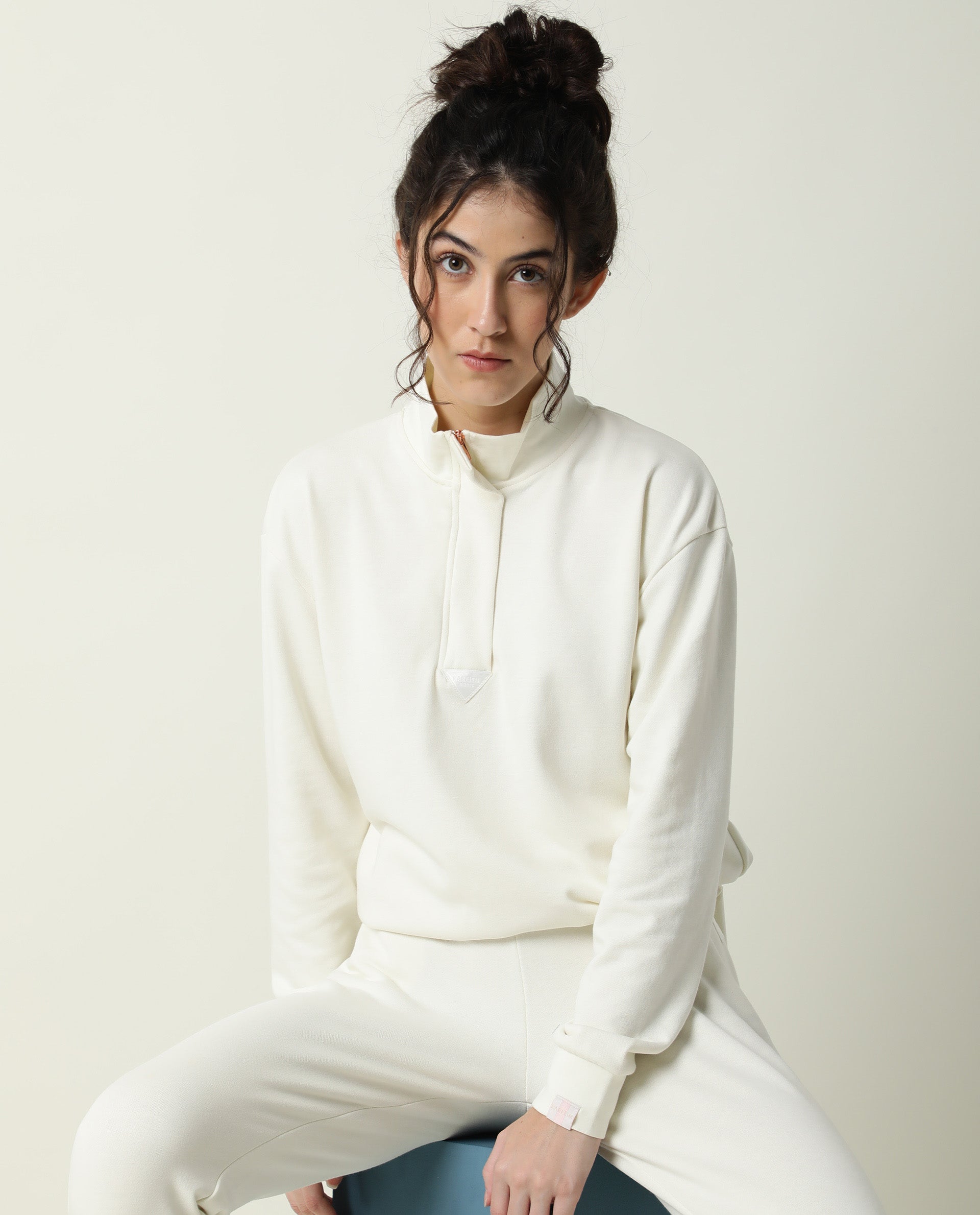 Rareism Women Taffy-1 Off White  Relaxed Fit Full Sleeves Solid High Neck Sweatshirt