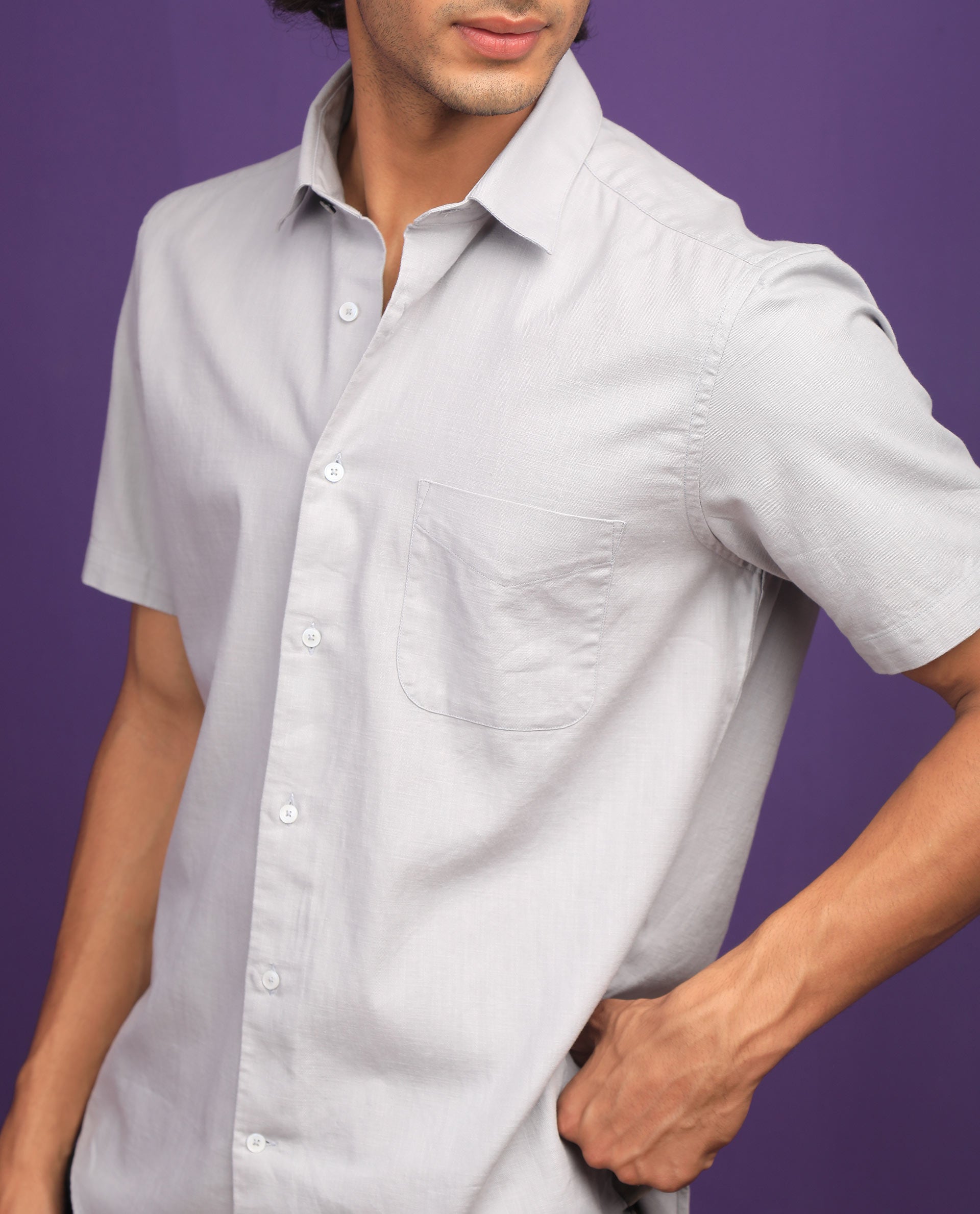 Rare Rabbit Men's Darwin Grey Cotton Fabric Half Sleeves Solid Shirt