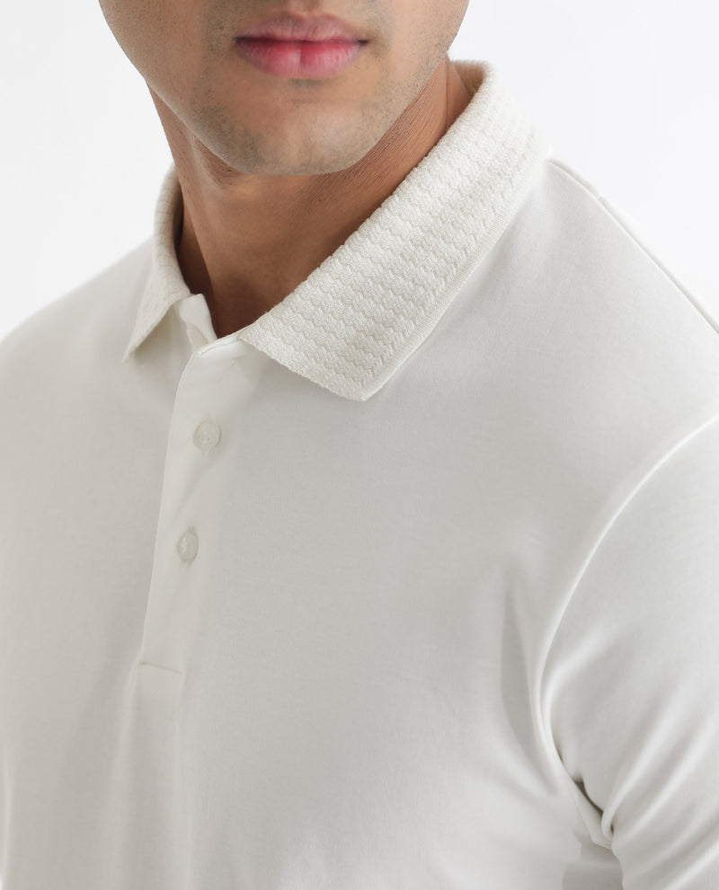 Rare Rabbit Men's Braidey White Cotton Fabric Textured Collared Neck Half Sleeves Polo T-Shirt