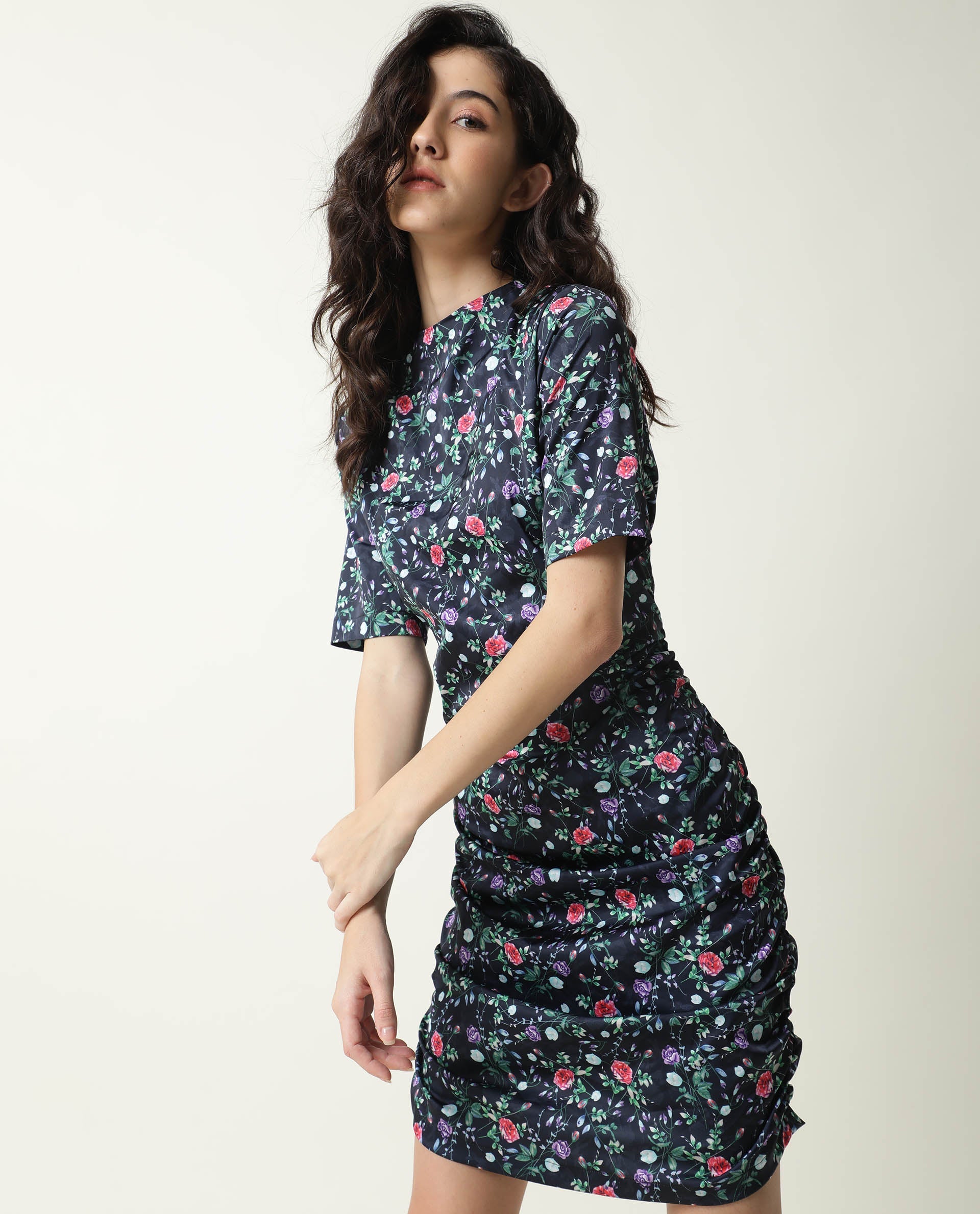 Rareism Women John Navy Floral Print High Neck Short Sleeves Ruching At Sides And Back With Back Zip Closure Mini Dress