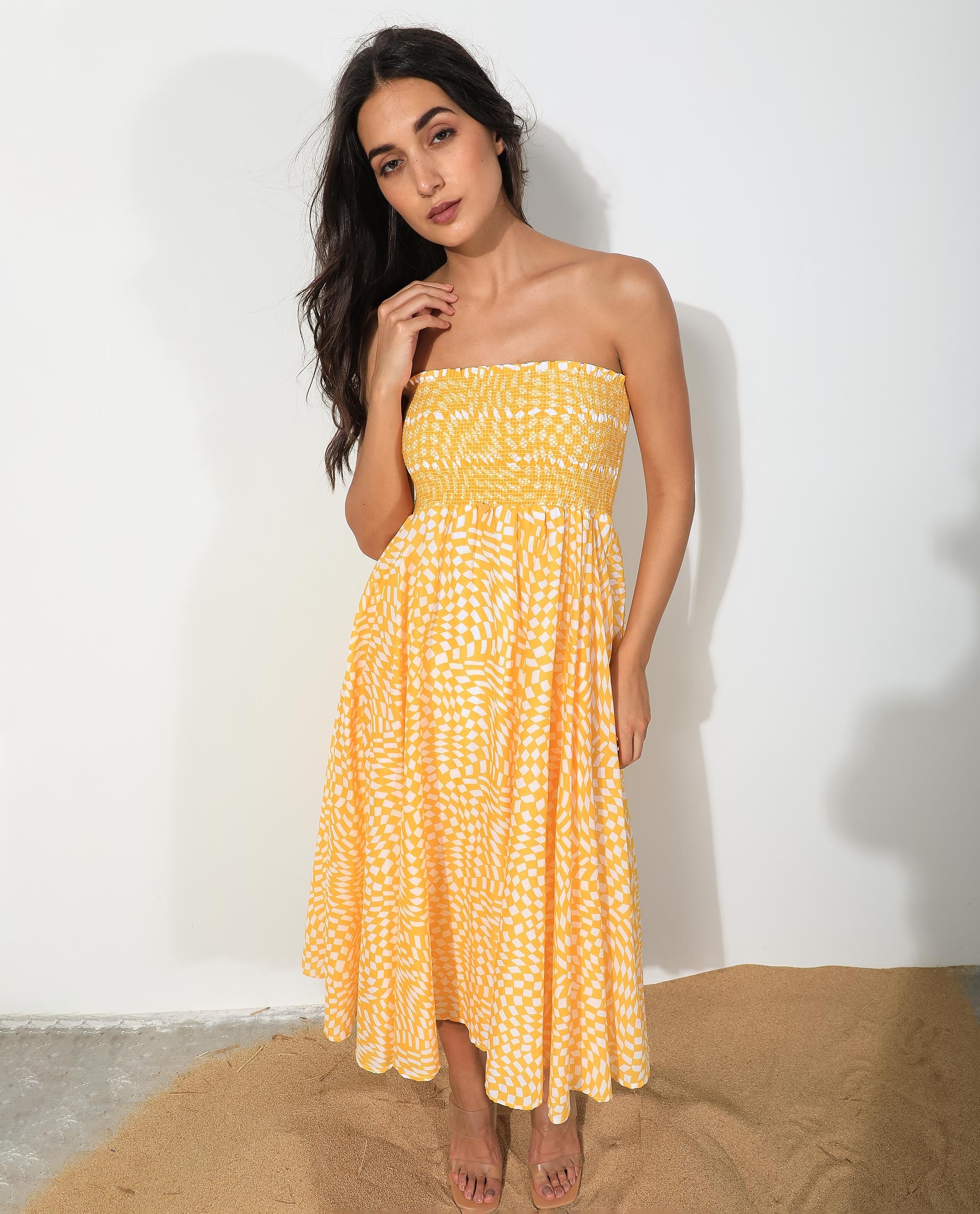 Rareism Women Daffodil Yellow Cotton Fabric Sleeveless Tube Neck Shoulder Straps Regular Fit Print Knee Length Dress