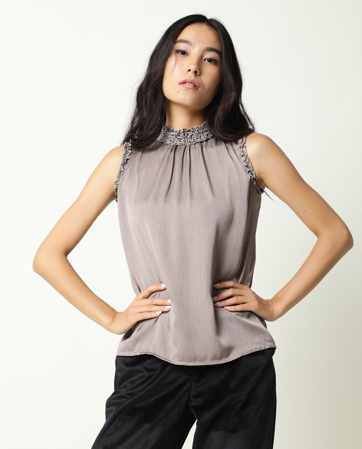 Rareism Womens Baileys Beige Top Polyester Fabric  Sleeveless Ruffled Neck