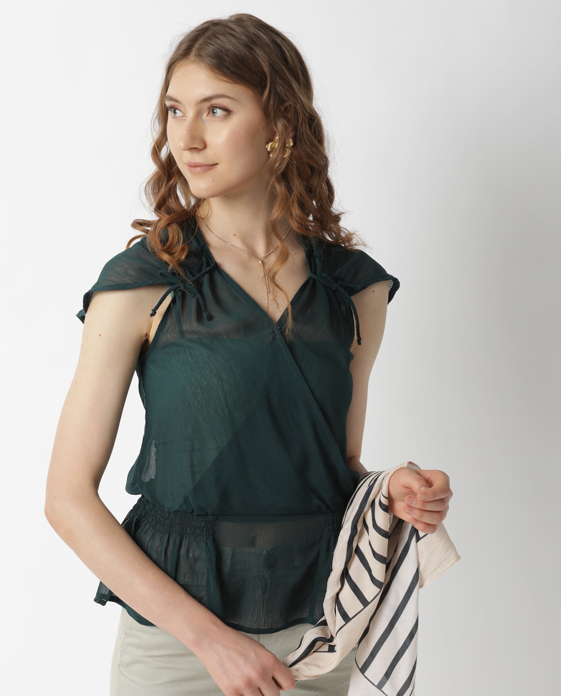 Rareism Women Belong Green Viscose Fabric Regular Fit V-Neck Sleeveless Solid Top