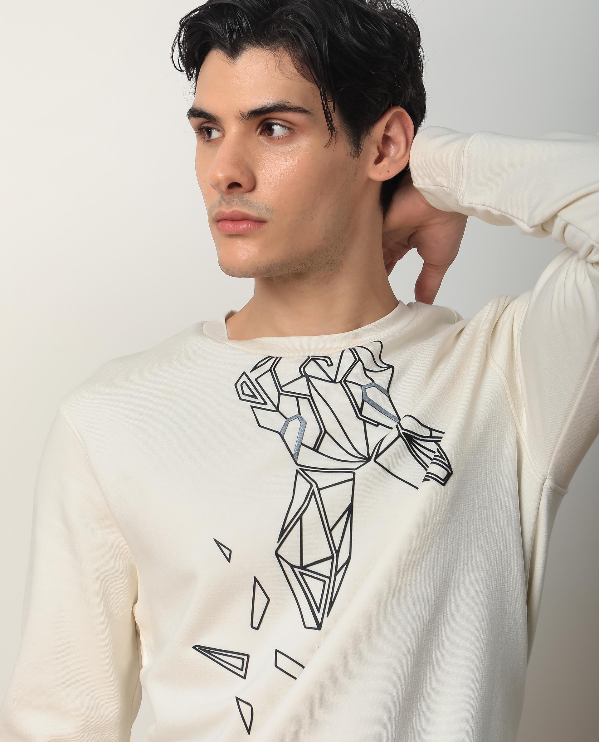 Rare Rabbit Mens Oakk Off White Full Sleeves Crew Neck Graphic Logo Print Sweatshirt