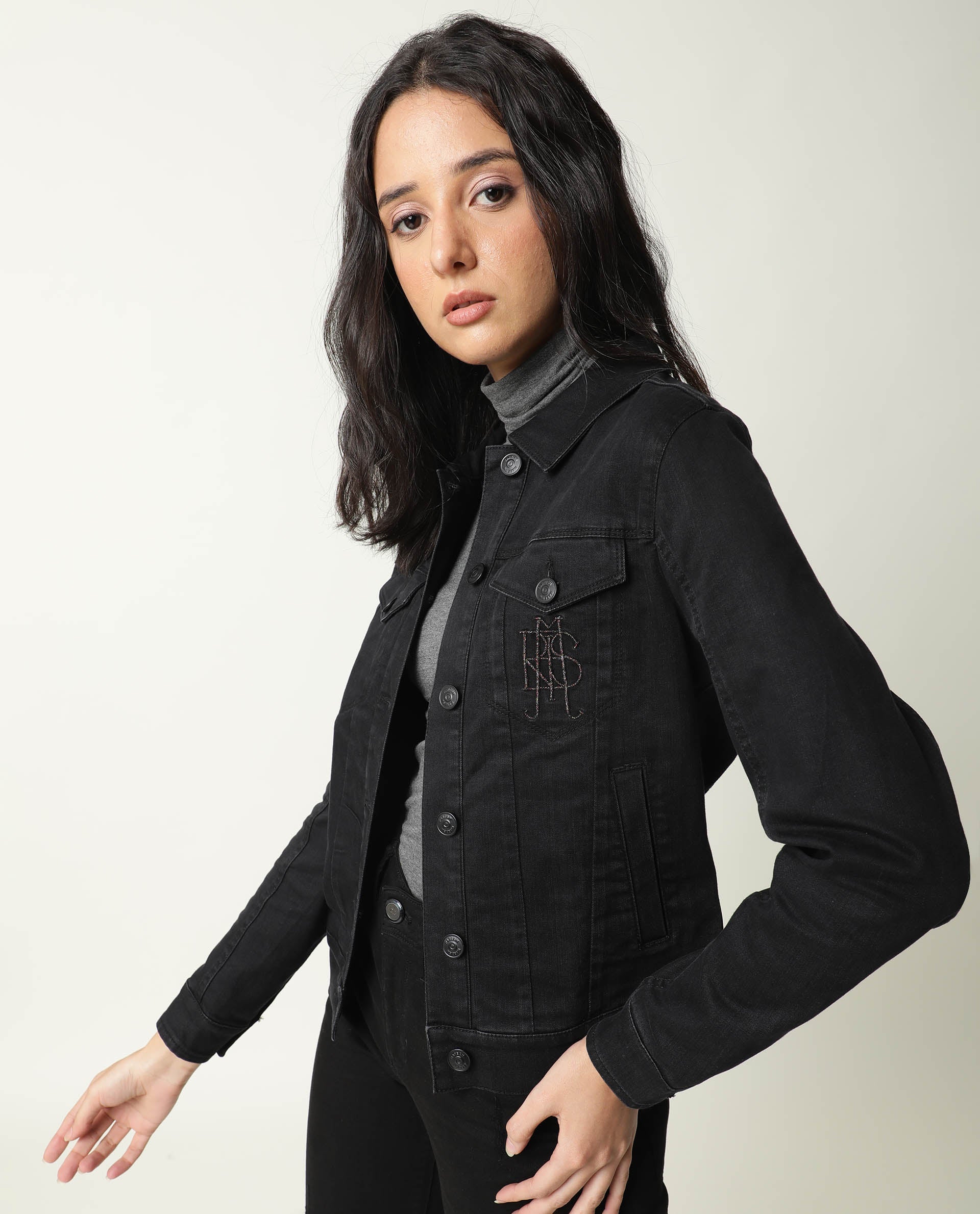 Rareism Women Misso Black Cotton Lycra Fabric Full Sleeves Solid Shirt Collar Jacket