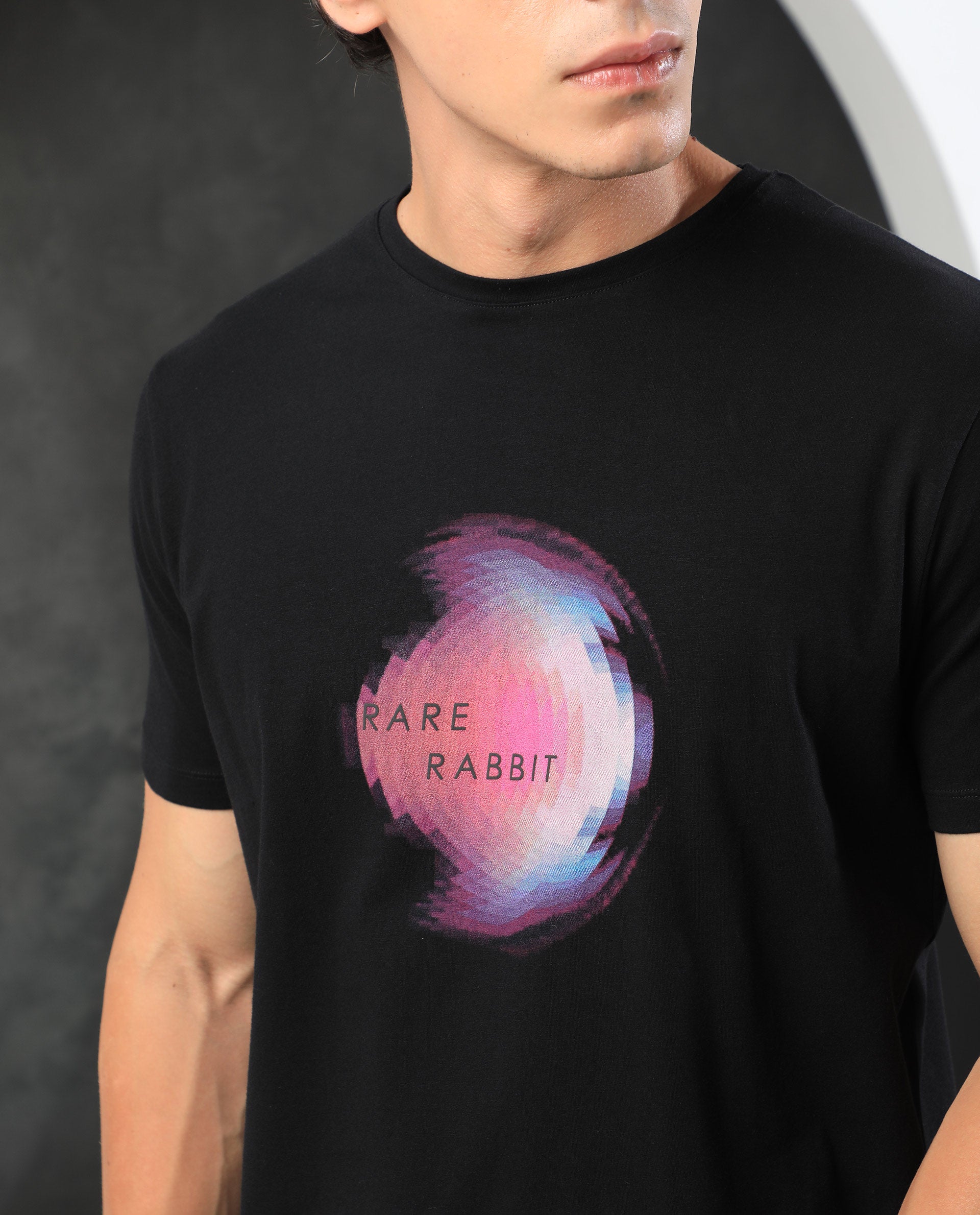 Rare Rabbit Men's Knobel Black Crew Neck Graphic Printed Half Sleeves Slim Fit T-Shirt