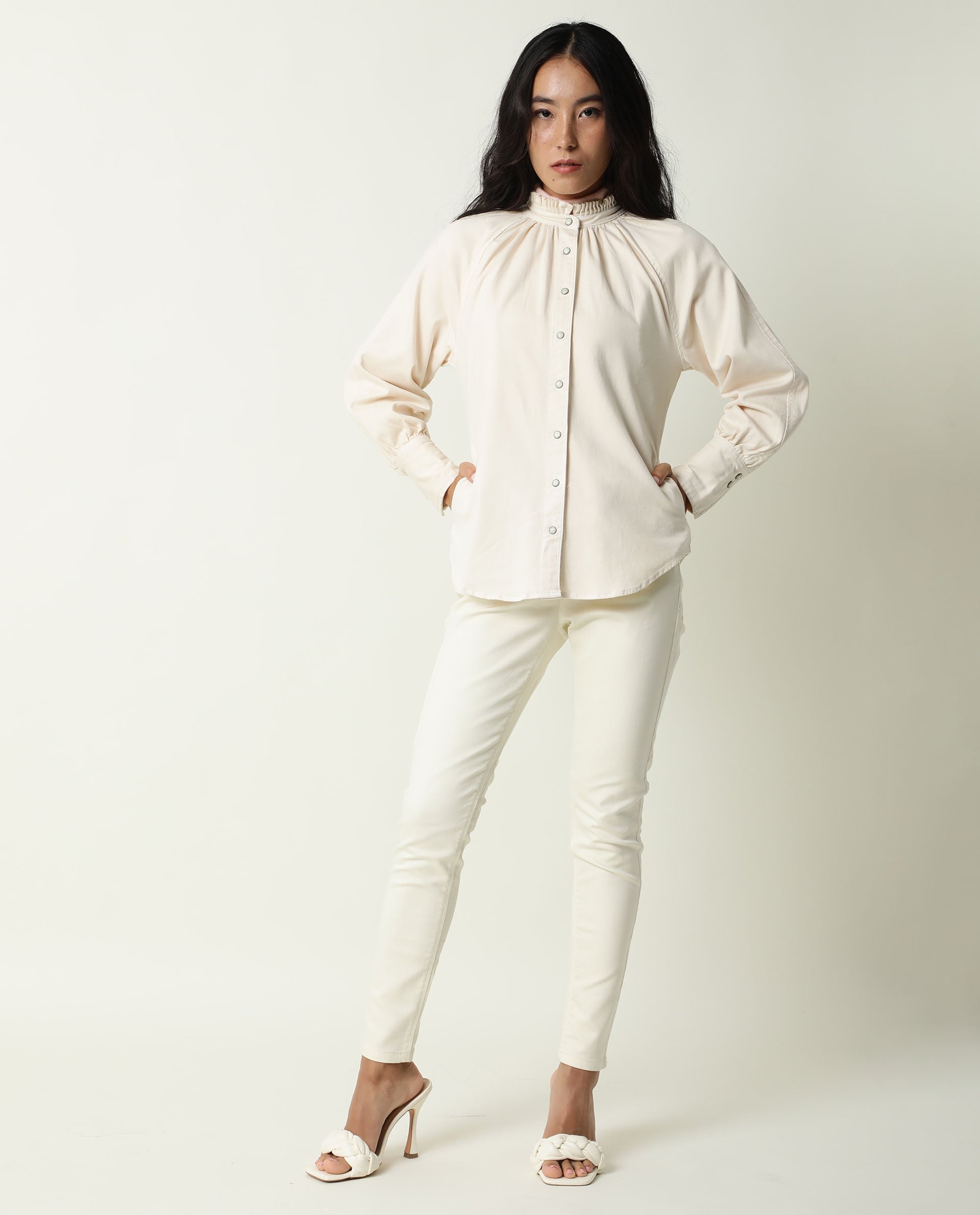 Rareism Women Bellona Off White Cotton Fabric Full Sleeves Solid Ruffled Neck Jacket