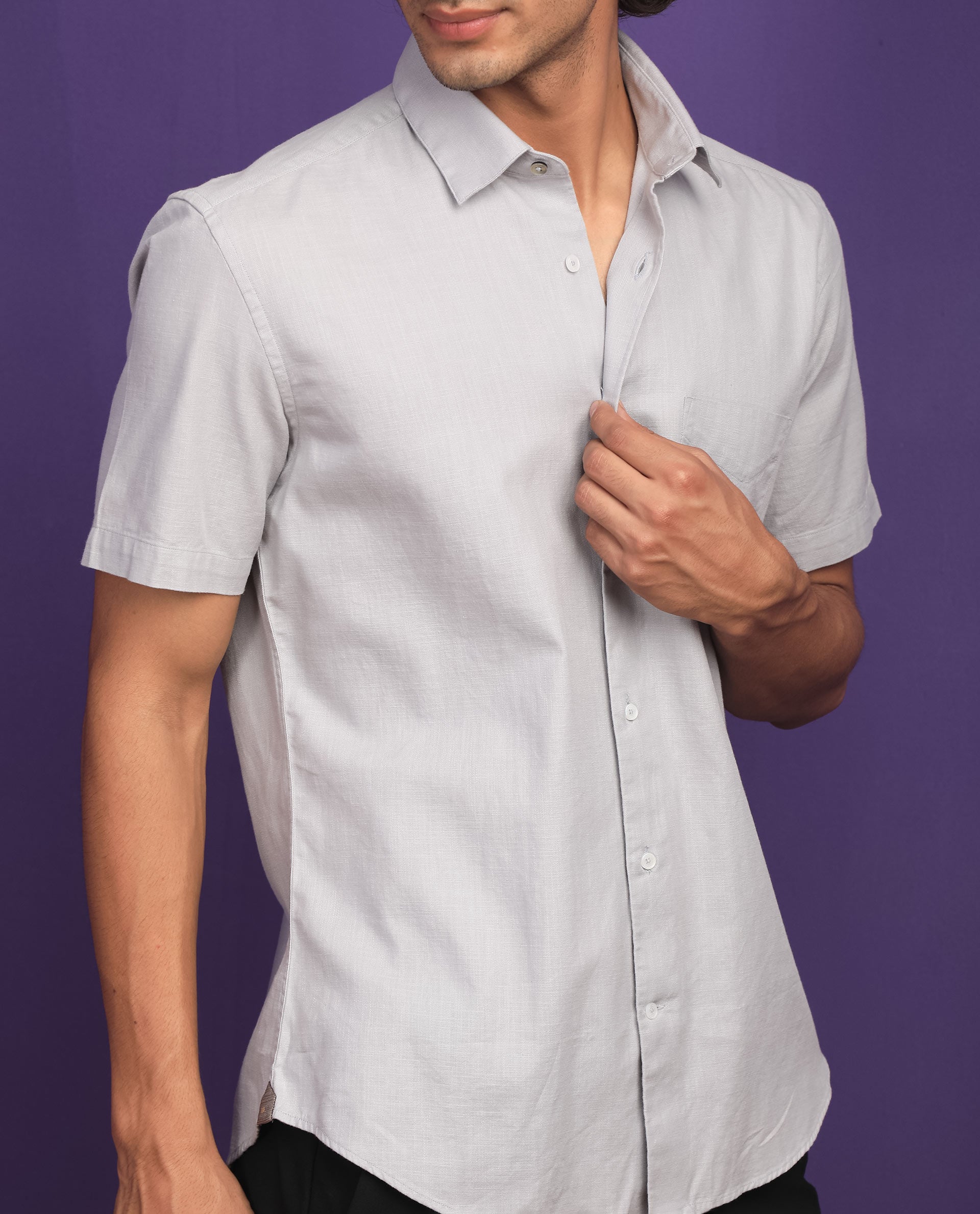 Rare Rabbit Men's Darwin Grey Cotton Fabric Half Sleeves Solid Shirt