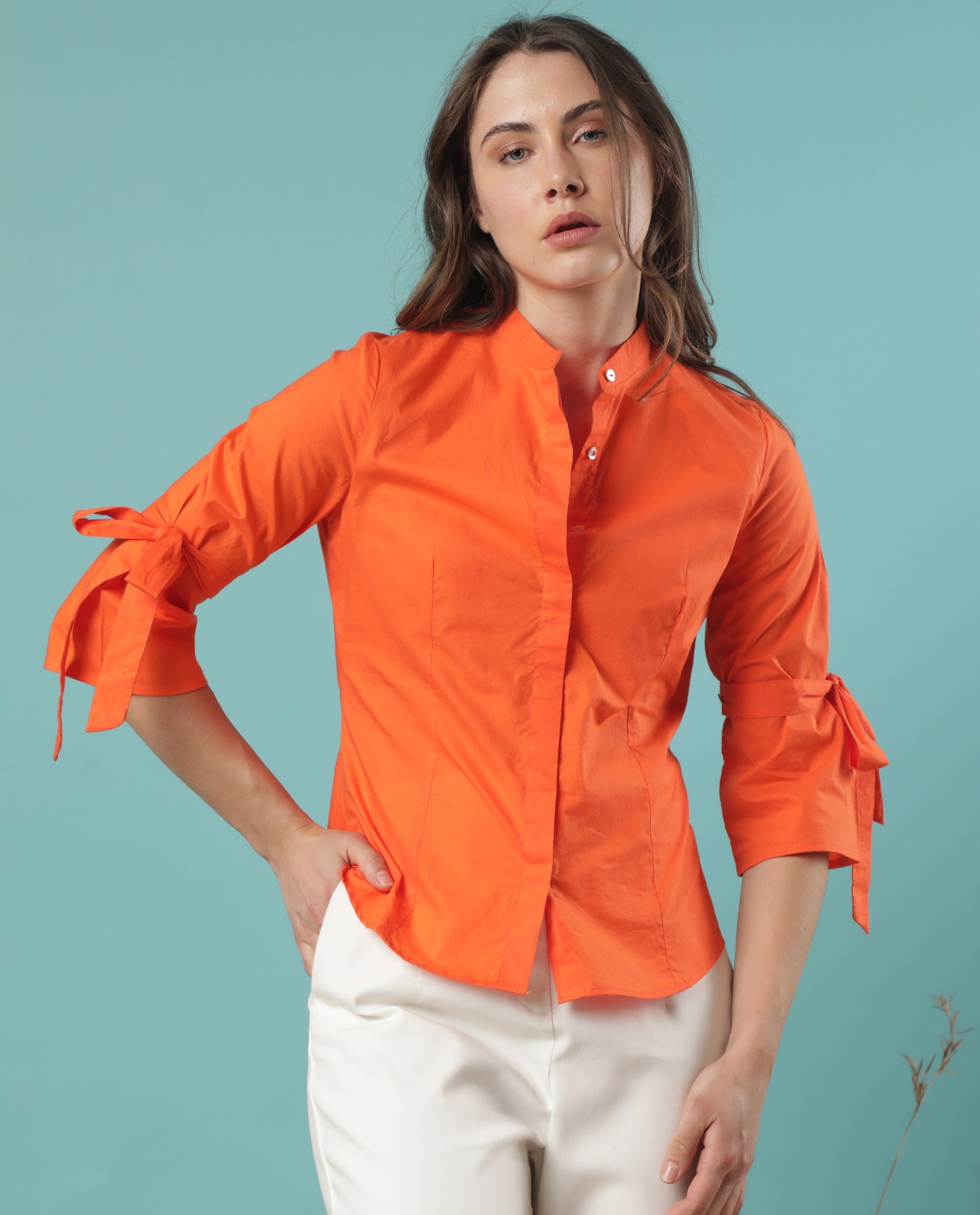 Rareism Women Tips Orange Cotton Fabric 3/4Th Sleeves Button Closure Mandarin Collar Regular Fit Plain Top