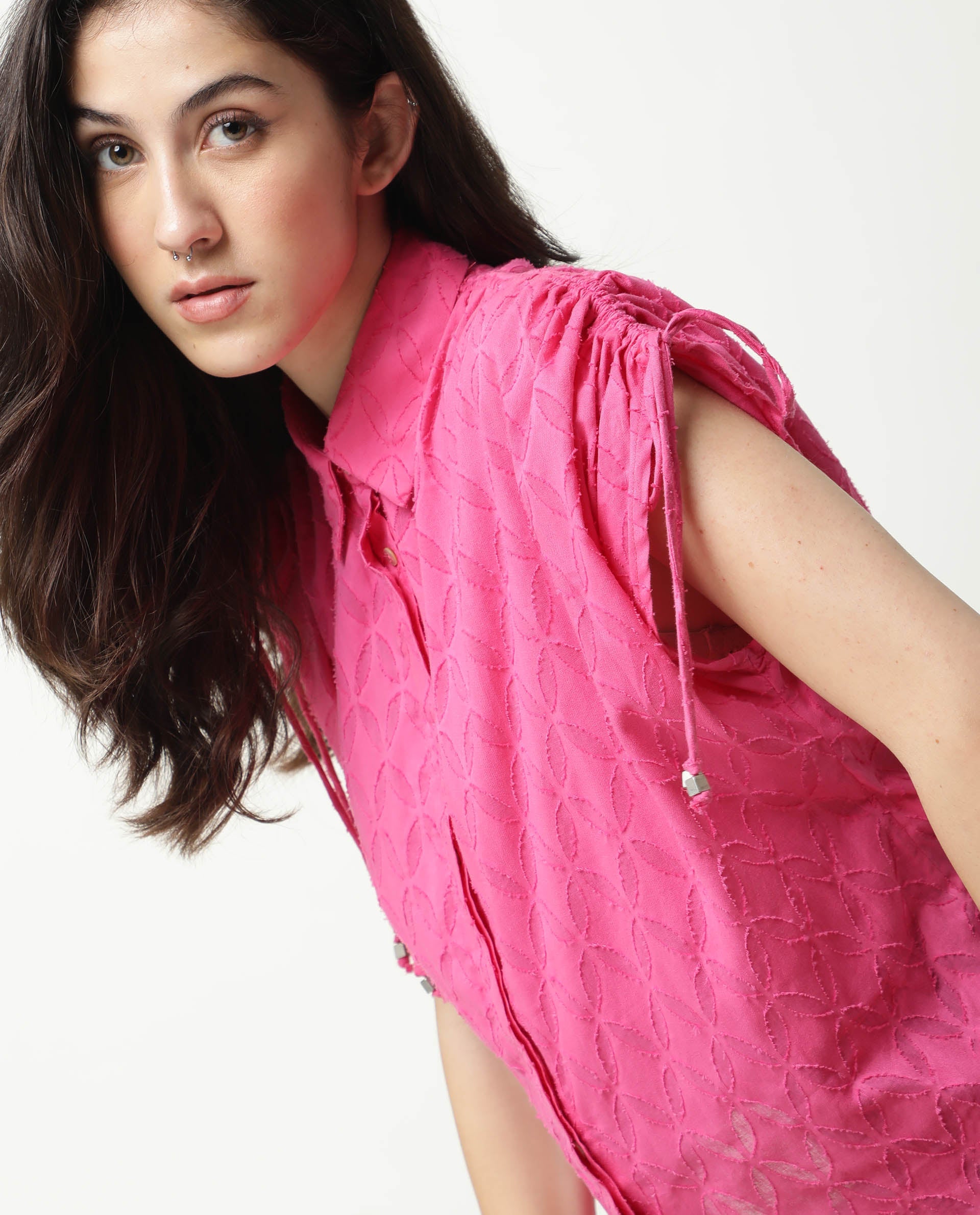 Rareism Womens Majesty Pink Top Cotton Fabric Comfortable Fit Half Sleeve Collared Neck