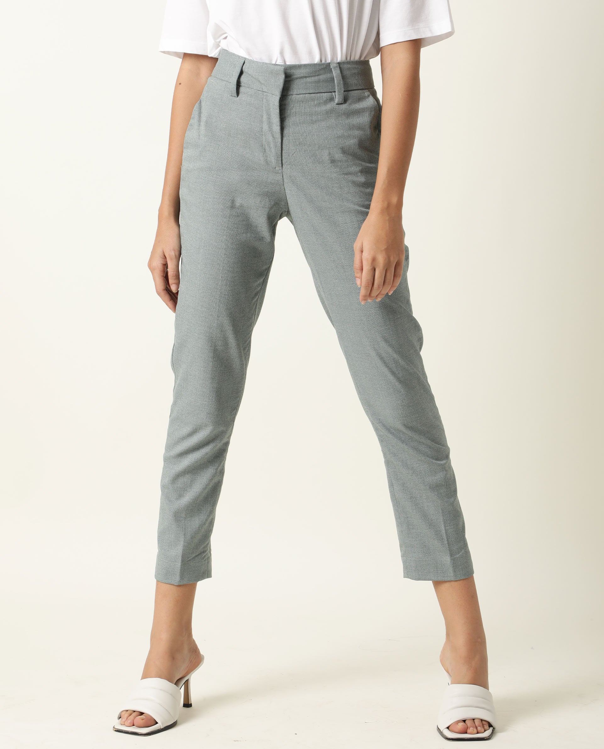 Rareism Women Ophilia Green Trousers Cotton Poly Fabric Full Sleeves Button Closure Solid