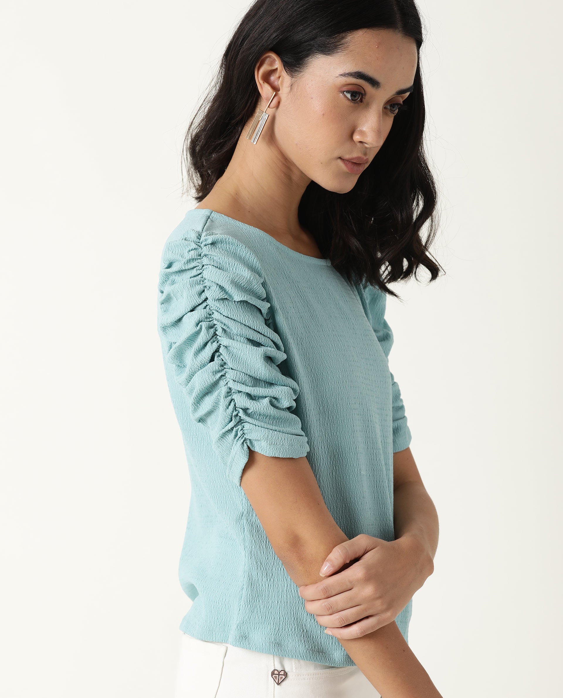 Rareism Women Frozen Light Green Cotton Fabric Regular Fit Boat Neck Half Sleeves Solid Top