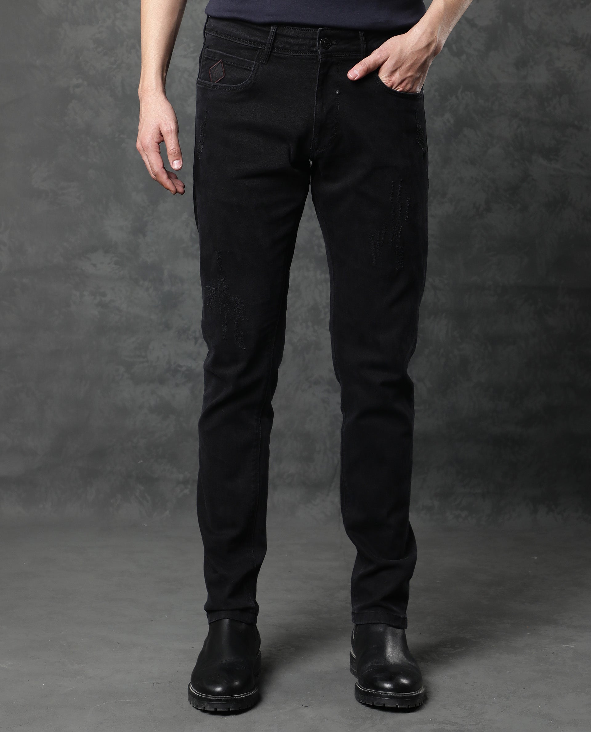 Rare Rabbit Men's Astra Black Rinse Wash Mid-Rise Slim Fit Jeans