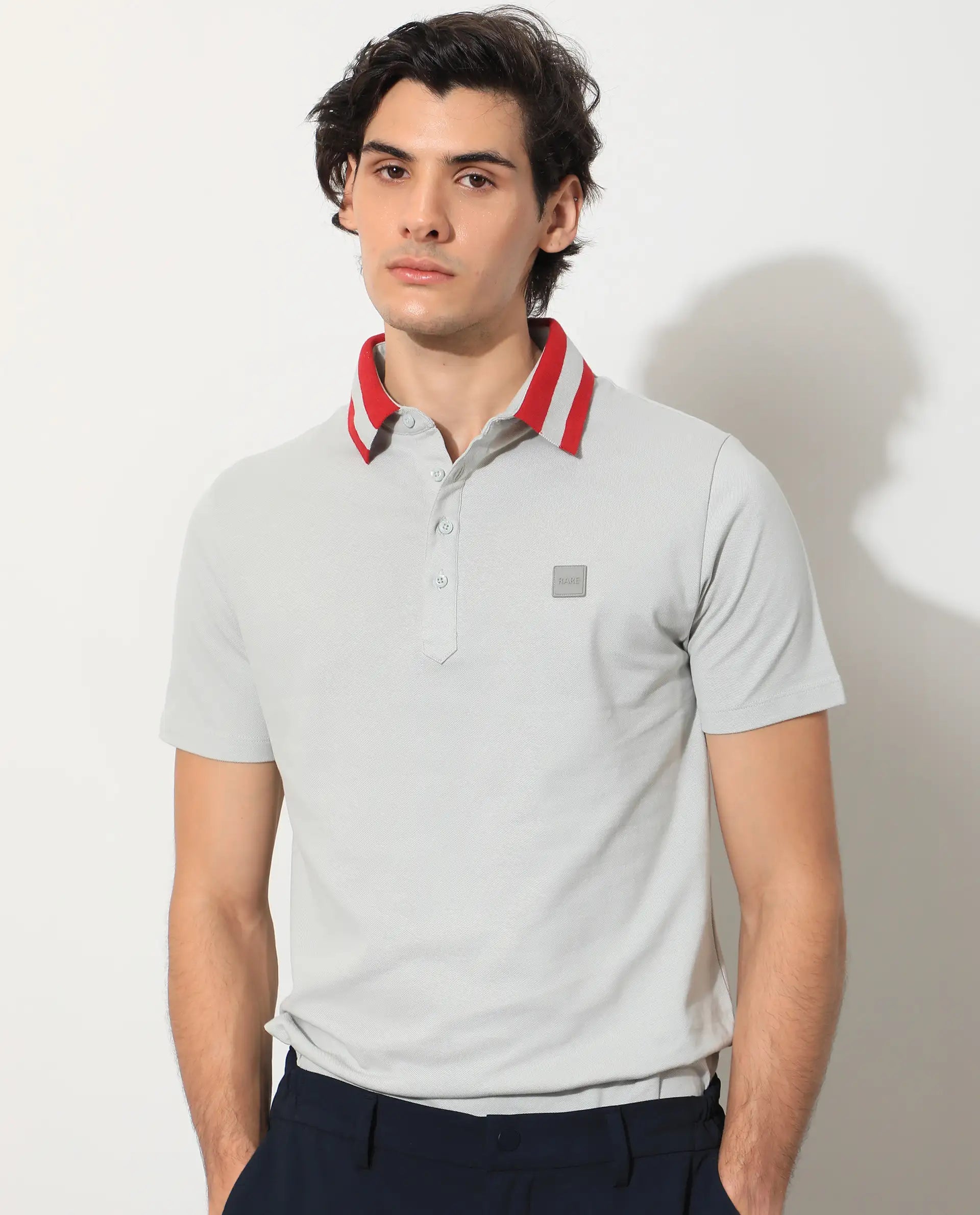 Rare Rabbit Men's Divide Light Grey Cotton Plain Regular Fit Half Sleeve Polo