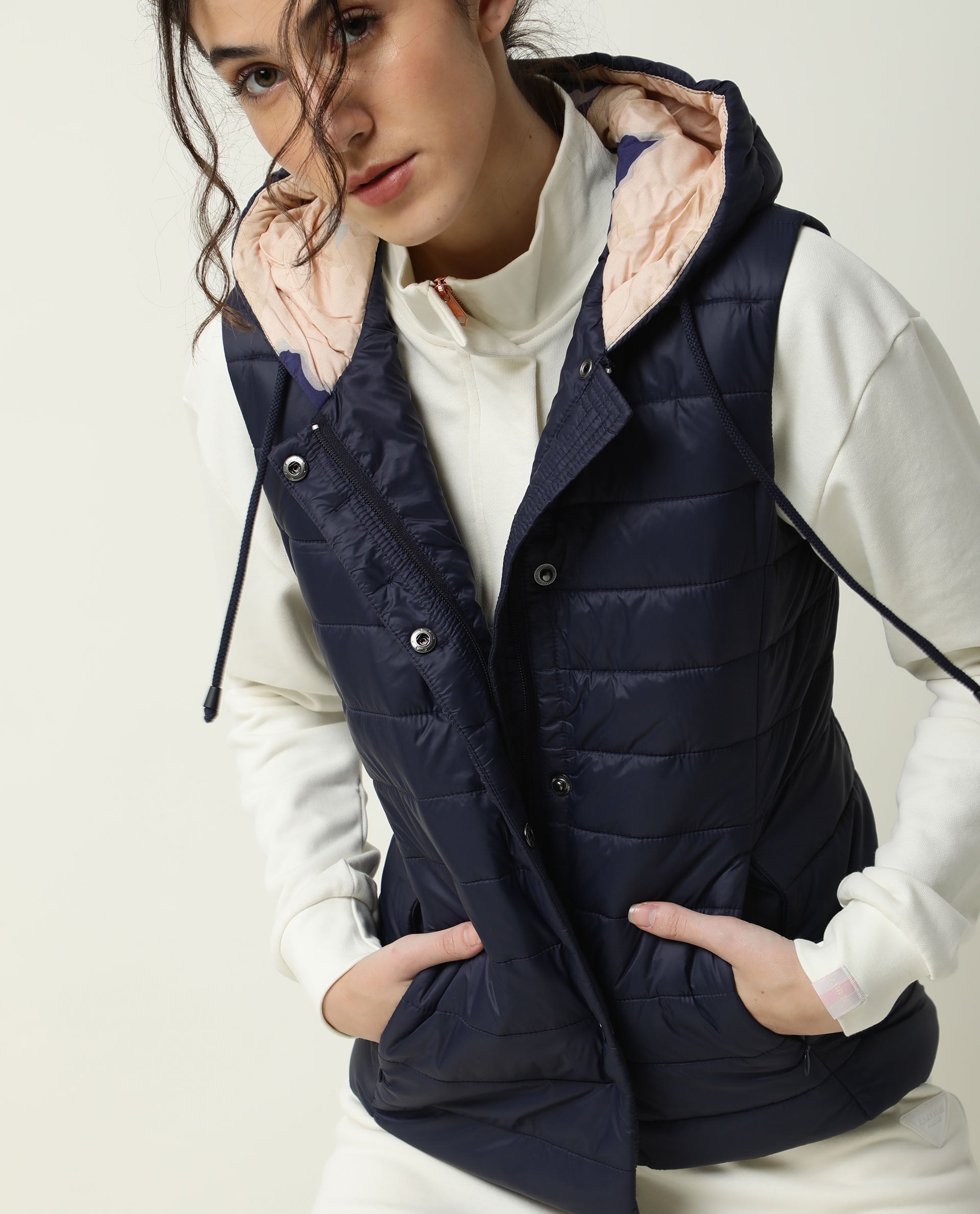 Rareism Women Troop Dark Navy  Sleeveless Solid Hooded Jacket