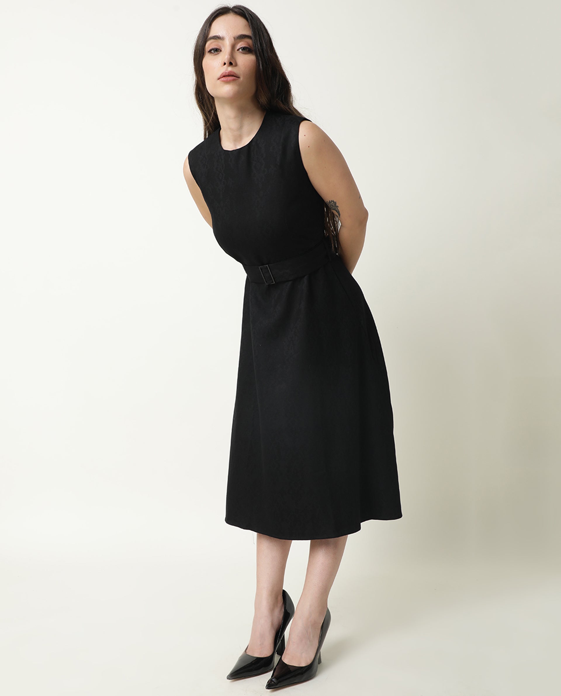 Rareism Women Lacau Black Boat Neck Sleeveless With Fabric Belt Buckle Back Zip Closure Midi Dress