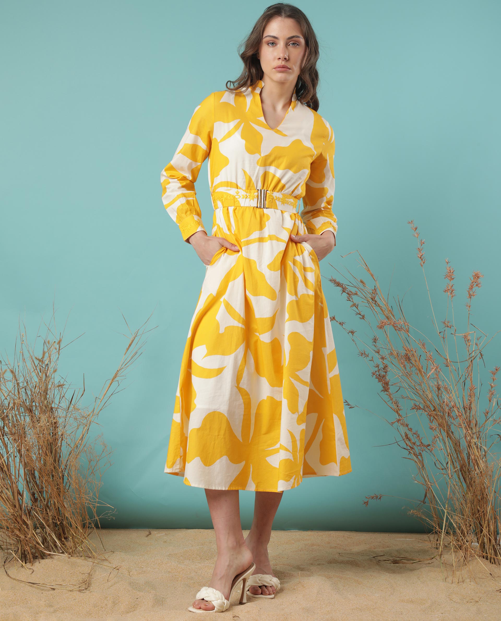 Rareism Women Eliott White Floral Print Mandarin Collar V Neck Full Sleeves With Cuff And Fabric Waist Belt Midi Dress