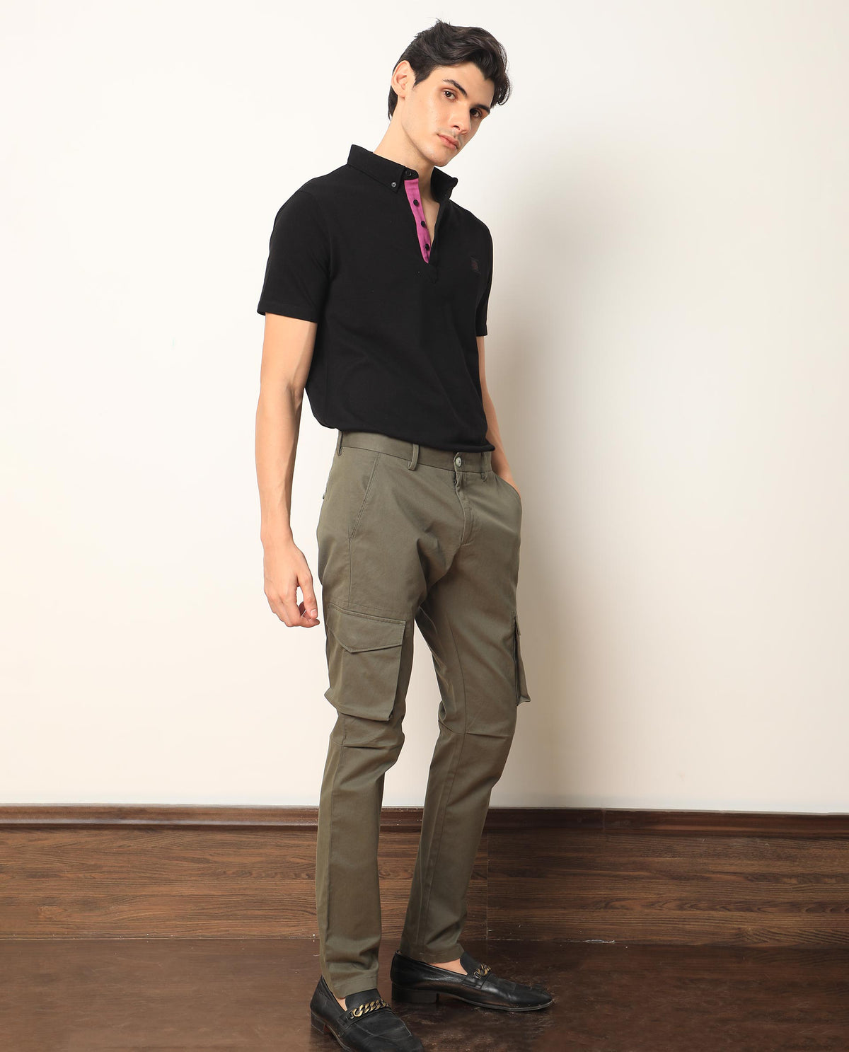 Rare Rabbit Men's Celu Olive Solid Mid-Rise Cargo Style Slim-Fit Trouser