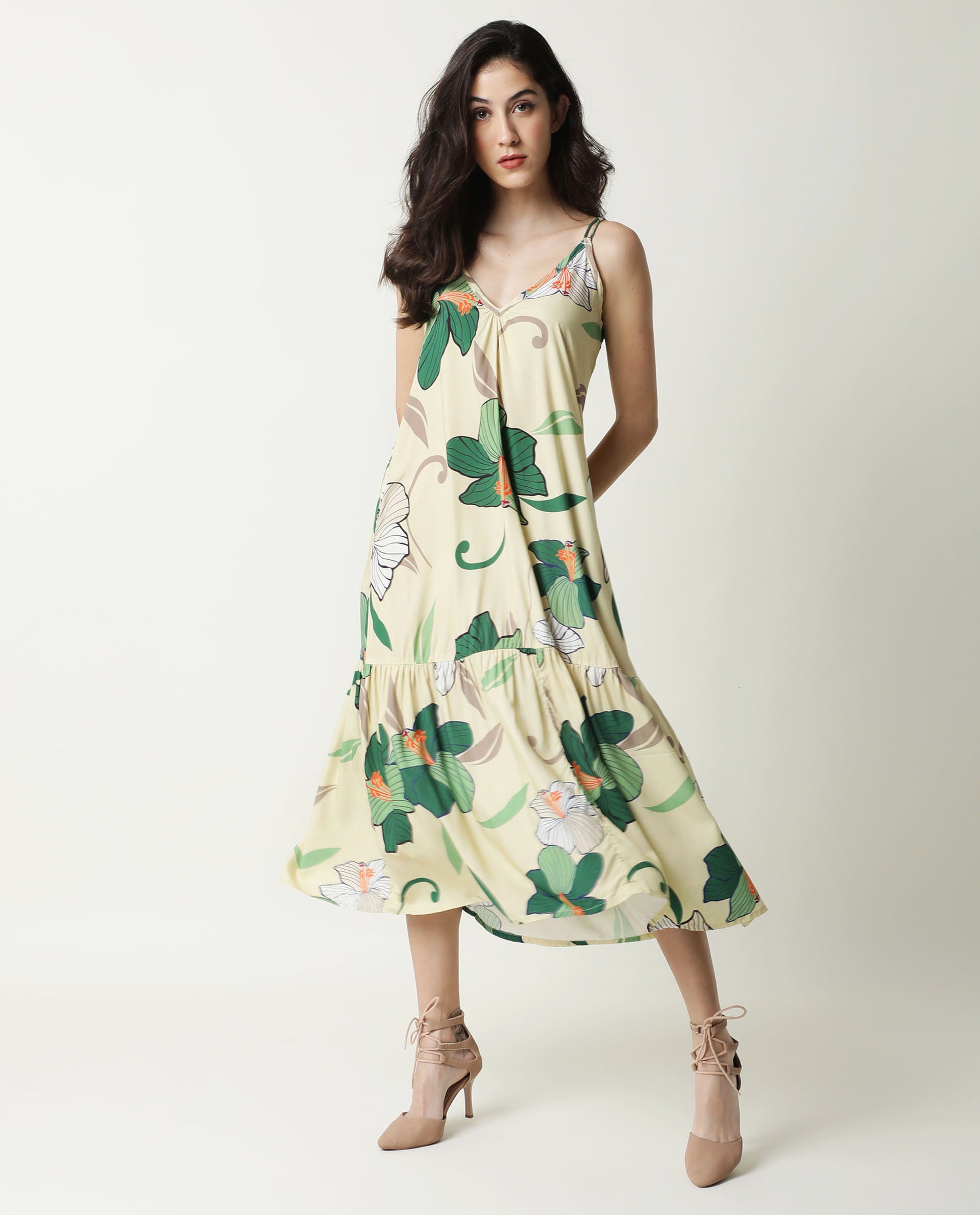 Rareism Women Etana Off White Deep U Neck With Double Spaghetti Straps And Pockets Midi Dress