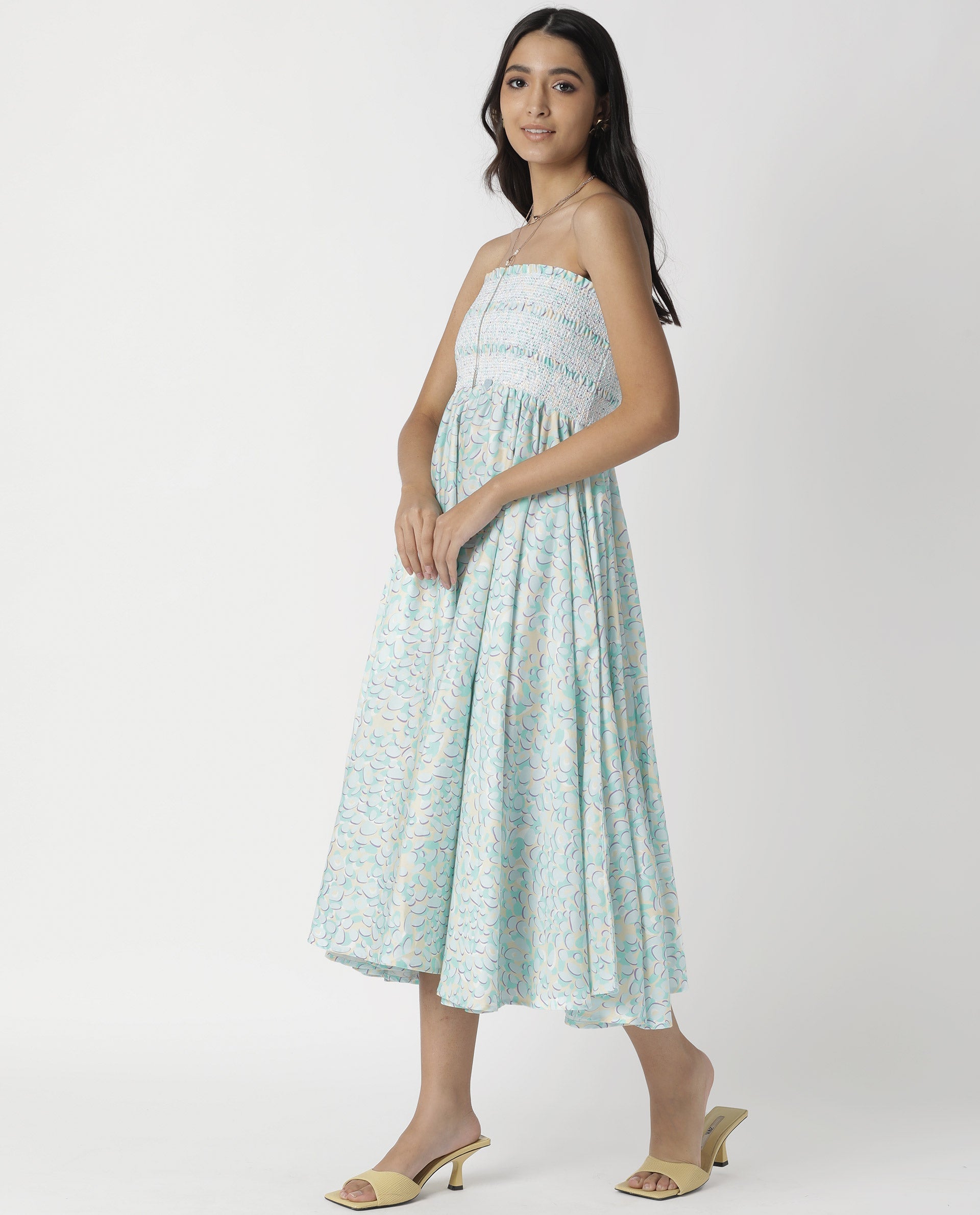 Rareism Women Toki Purple Dress Cotton Satin Fabric Sleeveless Printed