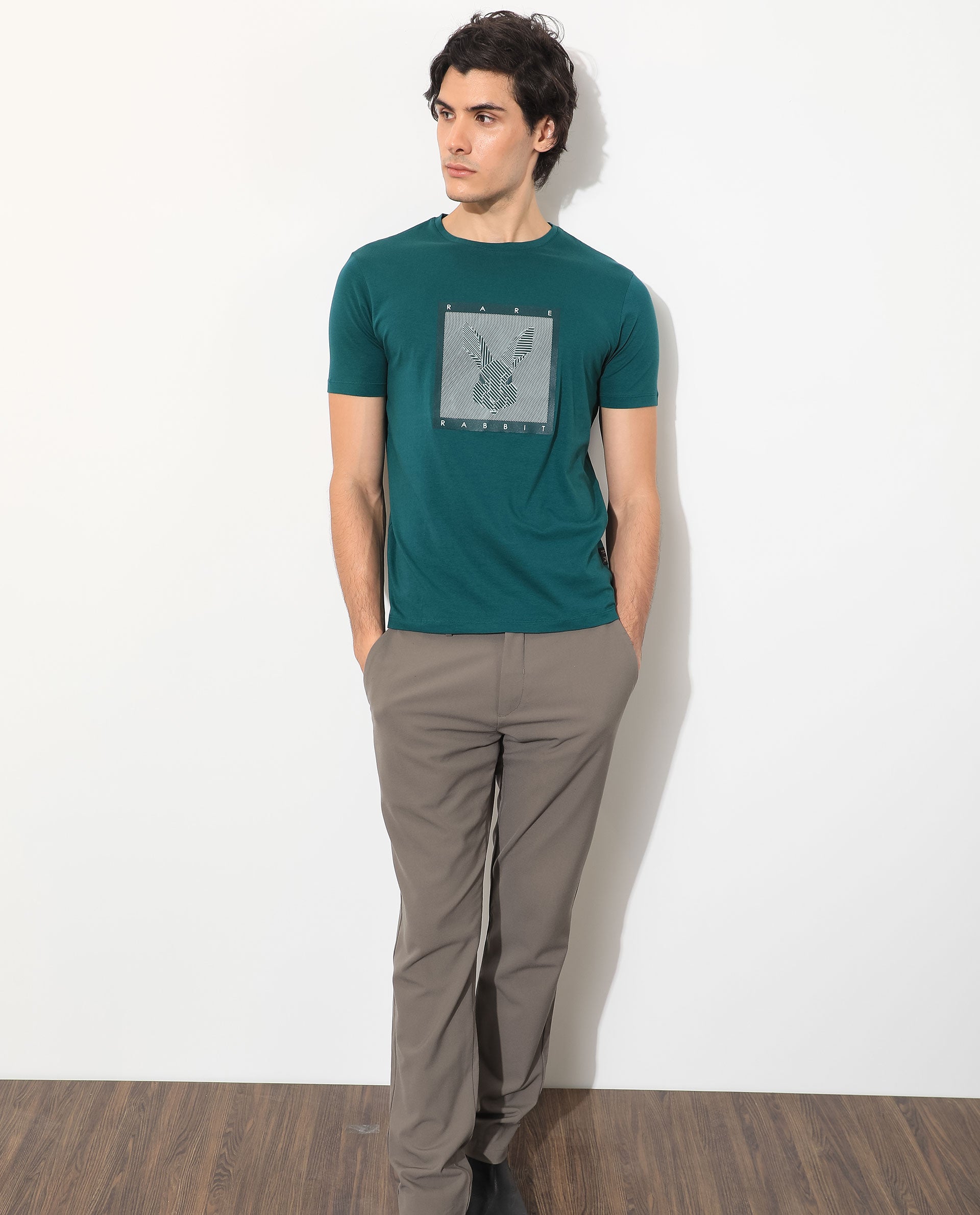 Rare Rabbit Men's Princeton Green Crew Neck Graphic Logo Printed Half Sleeves Slim Fit T-Shirt