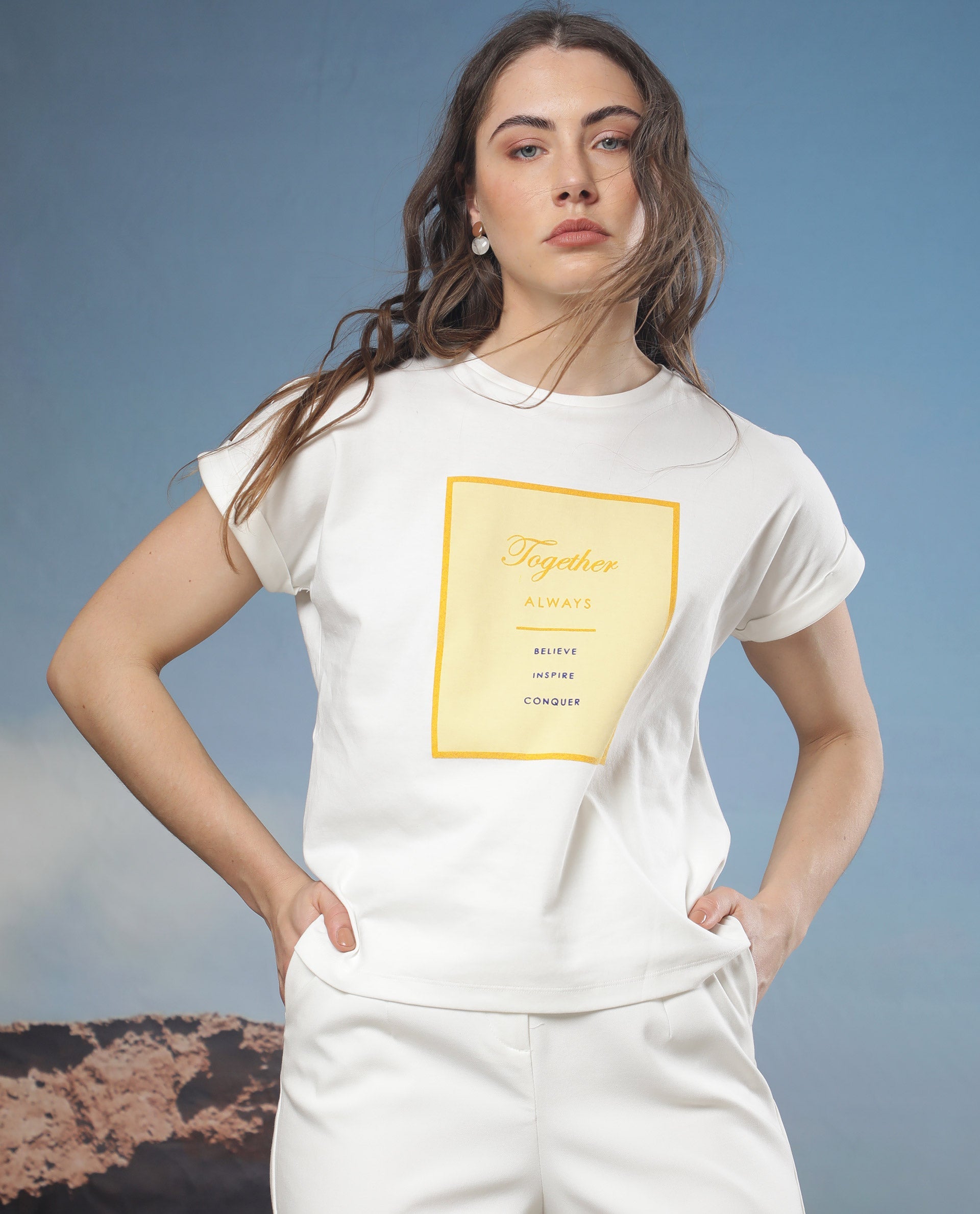 Rareism Women Ira White Cotton Fabric Short Sleeves Crew Neck Regular Fit Graphic Print T-Shirt