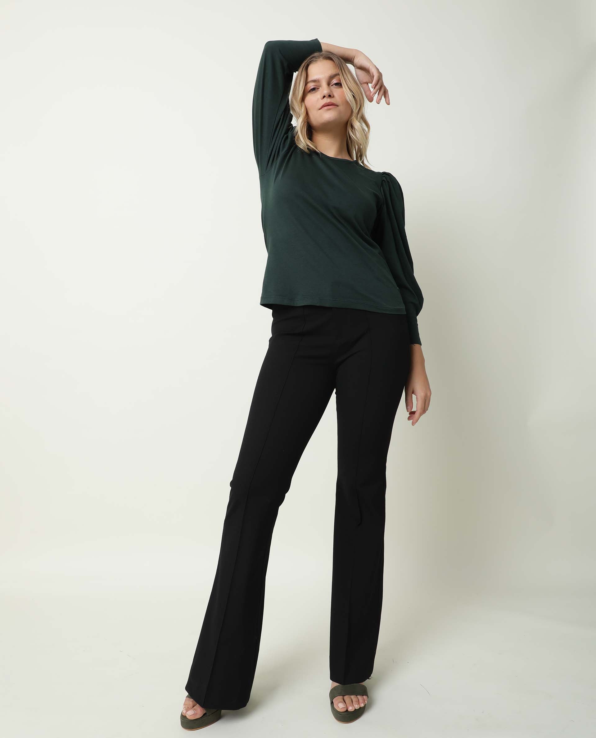 Rareism Women Ballerina Dark Green Cotton Fabric Regular Fit Knee Length Boat Neck 3/4Th Sleeves Solid Top