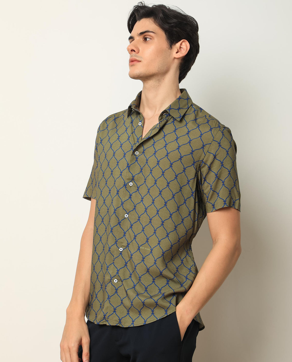 Rare Rabbit Men'S Beldon Olive Short Sleeves Collared Neck Slim Fit