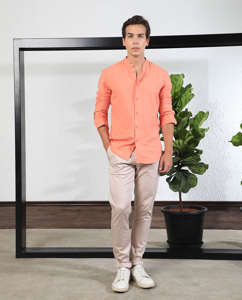 Rare Rabbit Men's Manderin Orange Modal Linen Fabric Mandarin Collar Full Sleeves Solid Shirt